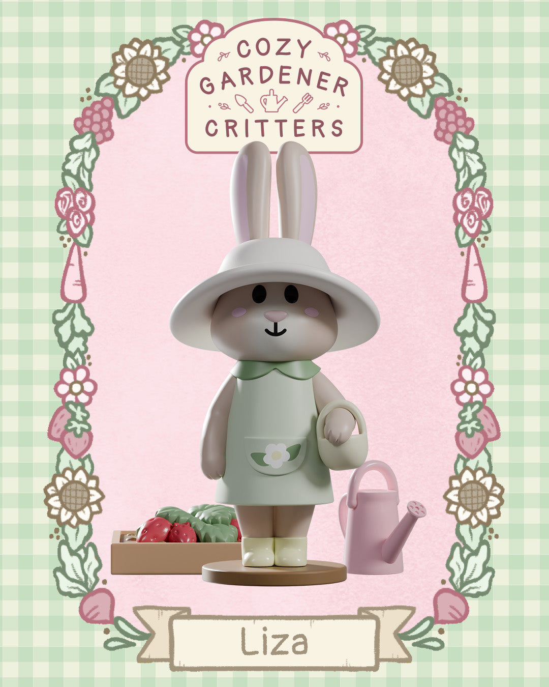 Cozy Gardener Critters Blind Box features a bunny, Liza, in a gardening outfit with accessories, perfect for expanding your collection with garden-themed figures.