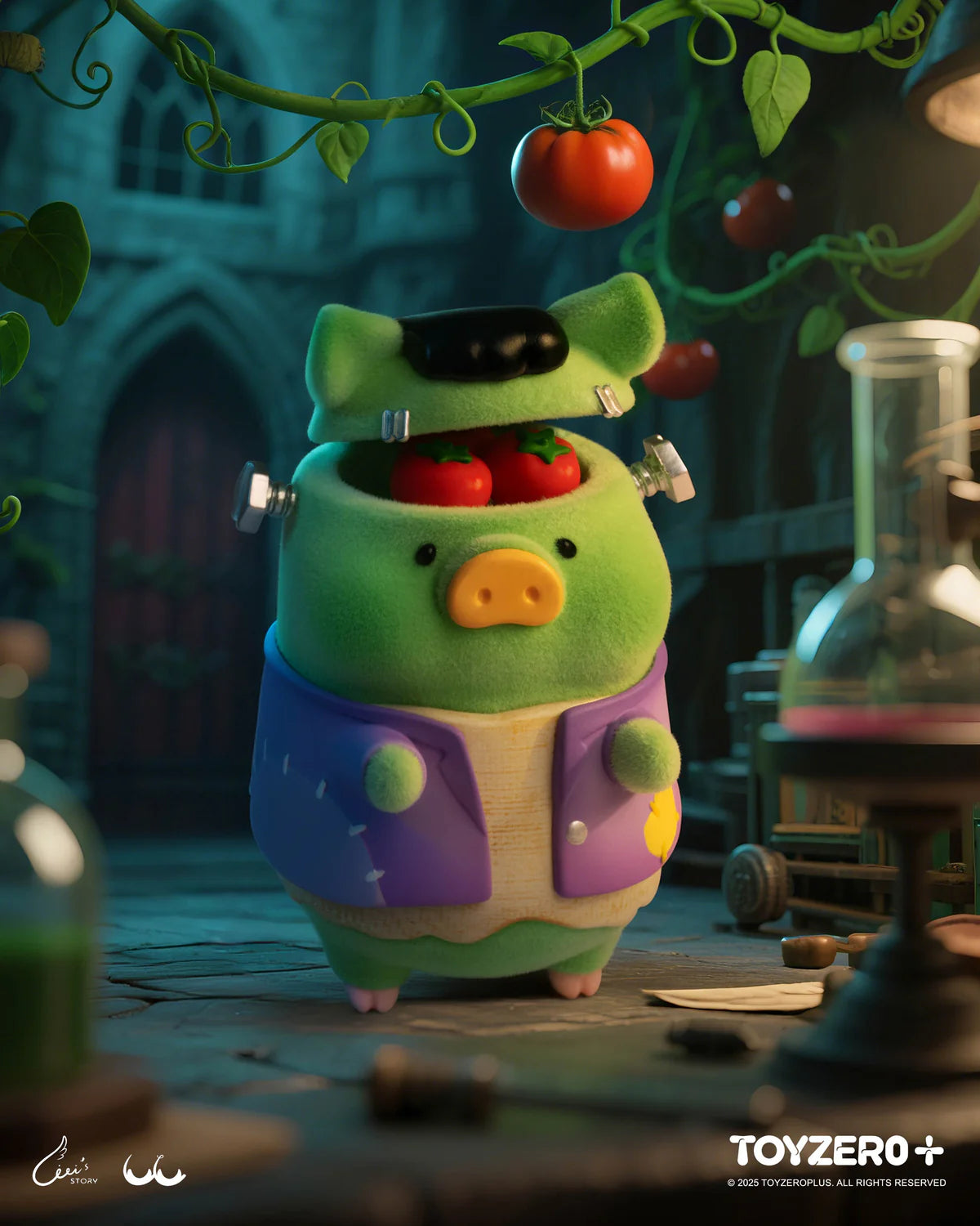 LuLu The Piggy - Surprise can 2 (Terror Castle) toy: a green pig-like creature with hinged head revealing tomato brains, dressed as Frankenstein's monster. Preorder now.