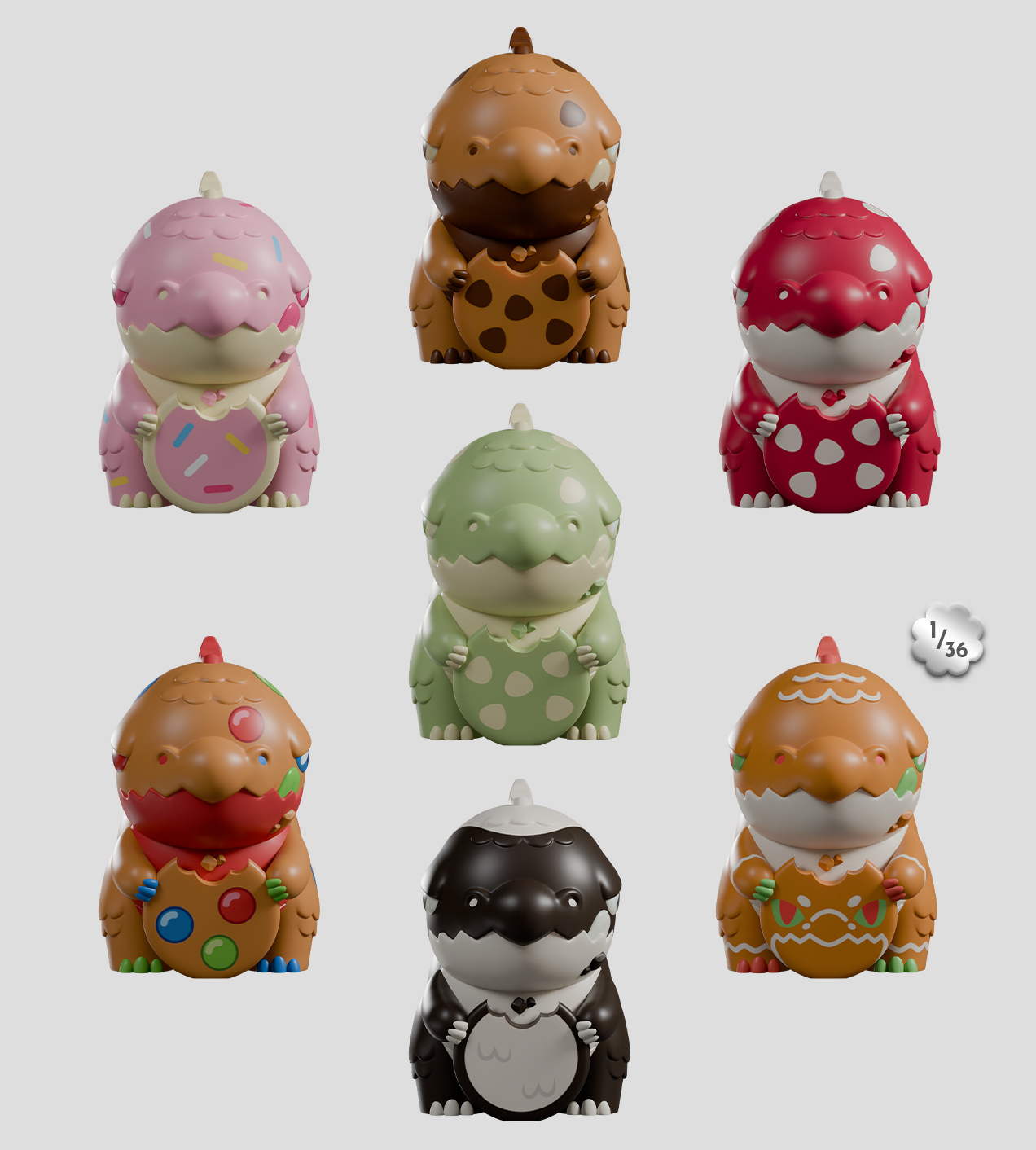 Kaiju Cookies Blind Box: Seven chibi dinosaurs, each with distinct cookie designs, arranged in a grid. Includes a 1/36 badge, hinting at a collectible series.