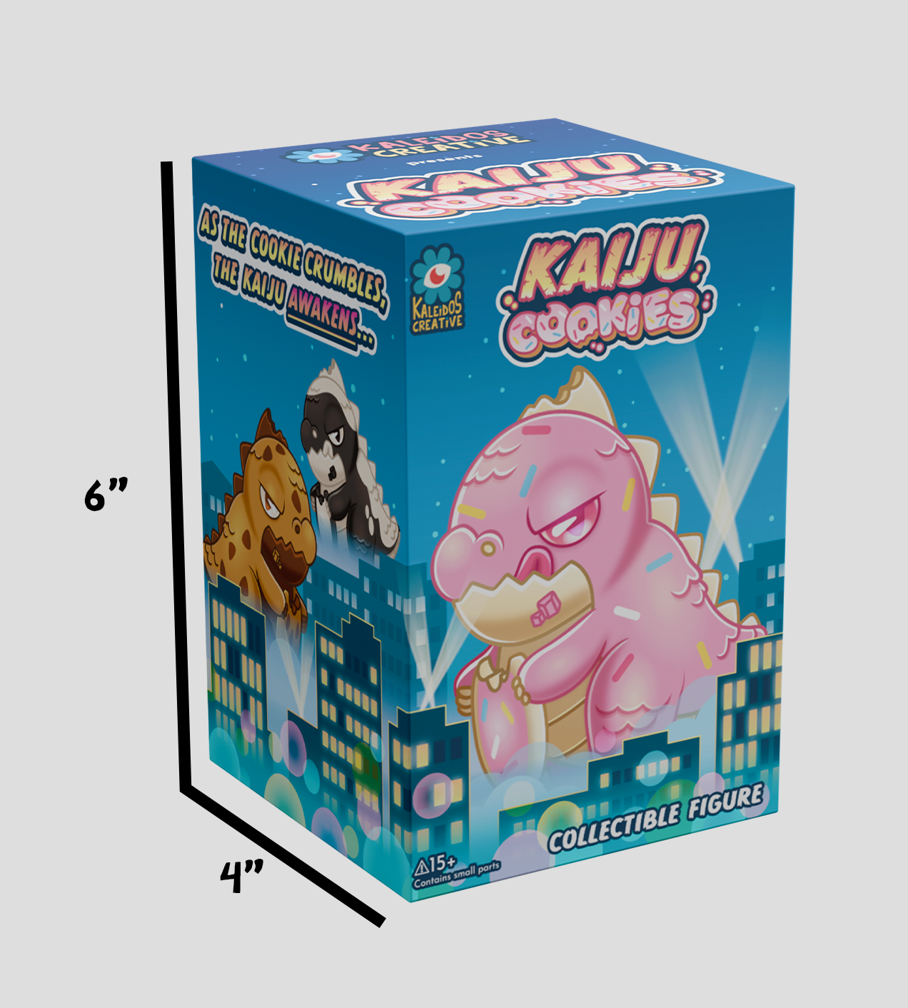 Kaiju Cookies Blind Box featuring a pink cookie-themed monster on a cityscape box, includes 6 designs plus a secret, for ages 15+.