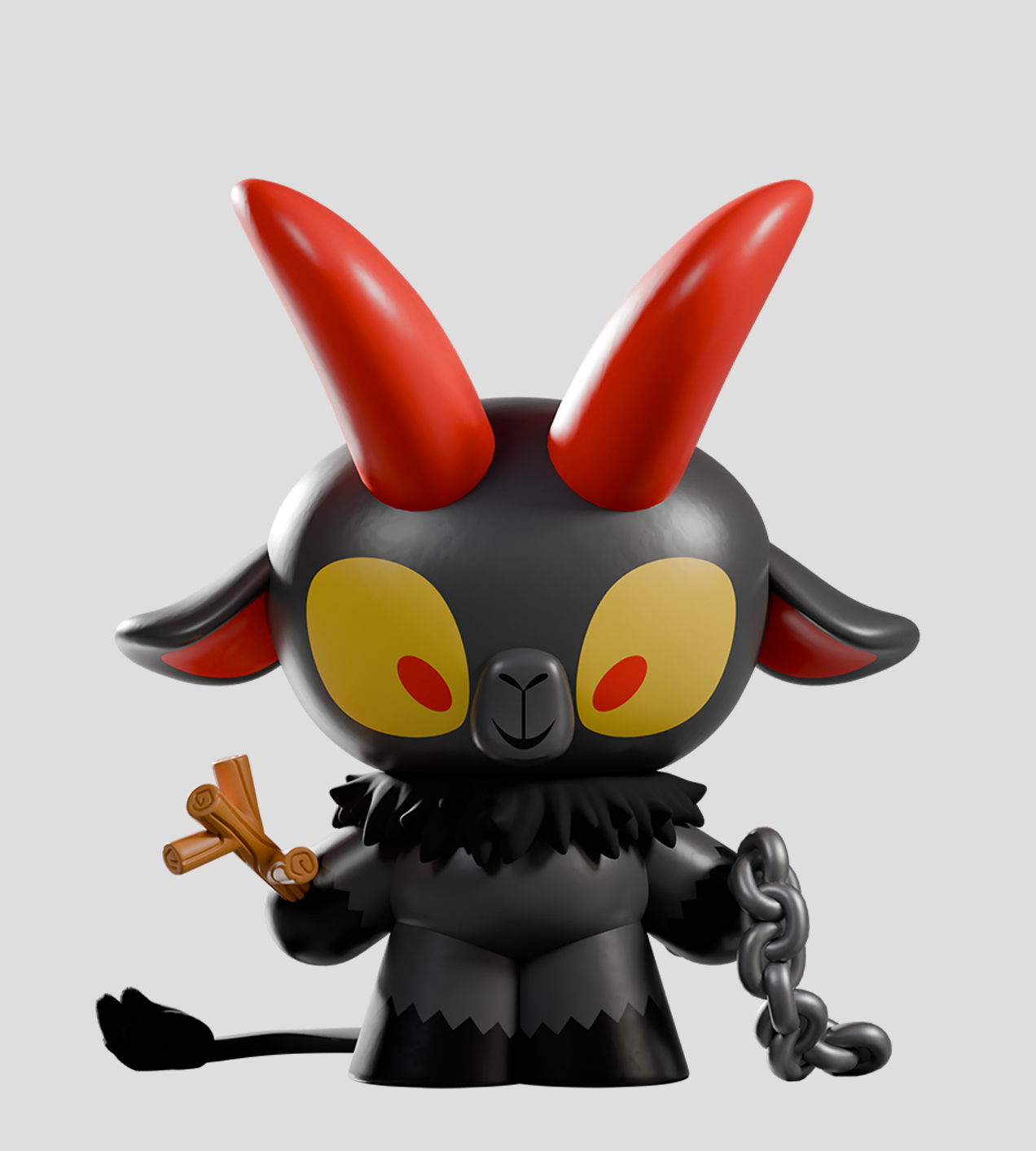 Kid Krampus Blind Box figure, a matte black demon-goat toy with red horns, yellow eyes, holding sticks and a chain, part of a collectible series.