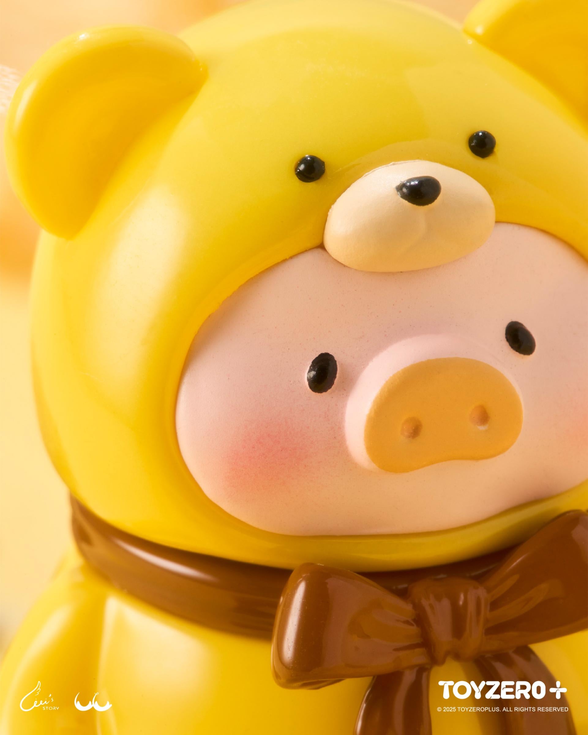 LuLu the Piggy - Teddy MINI Limited Edition (Summer Chill) in a bear hood with a bow, perfect for Strangecat Toys collectors. Preorder for October 2025.