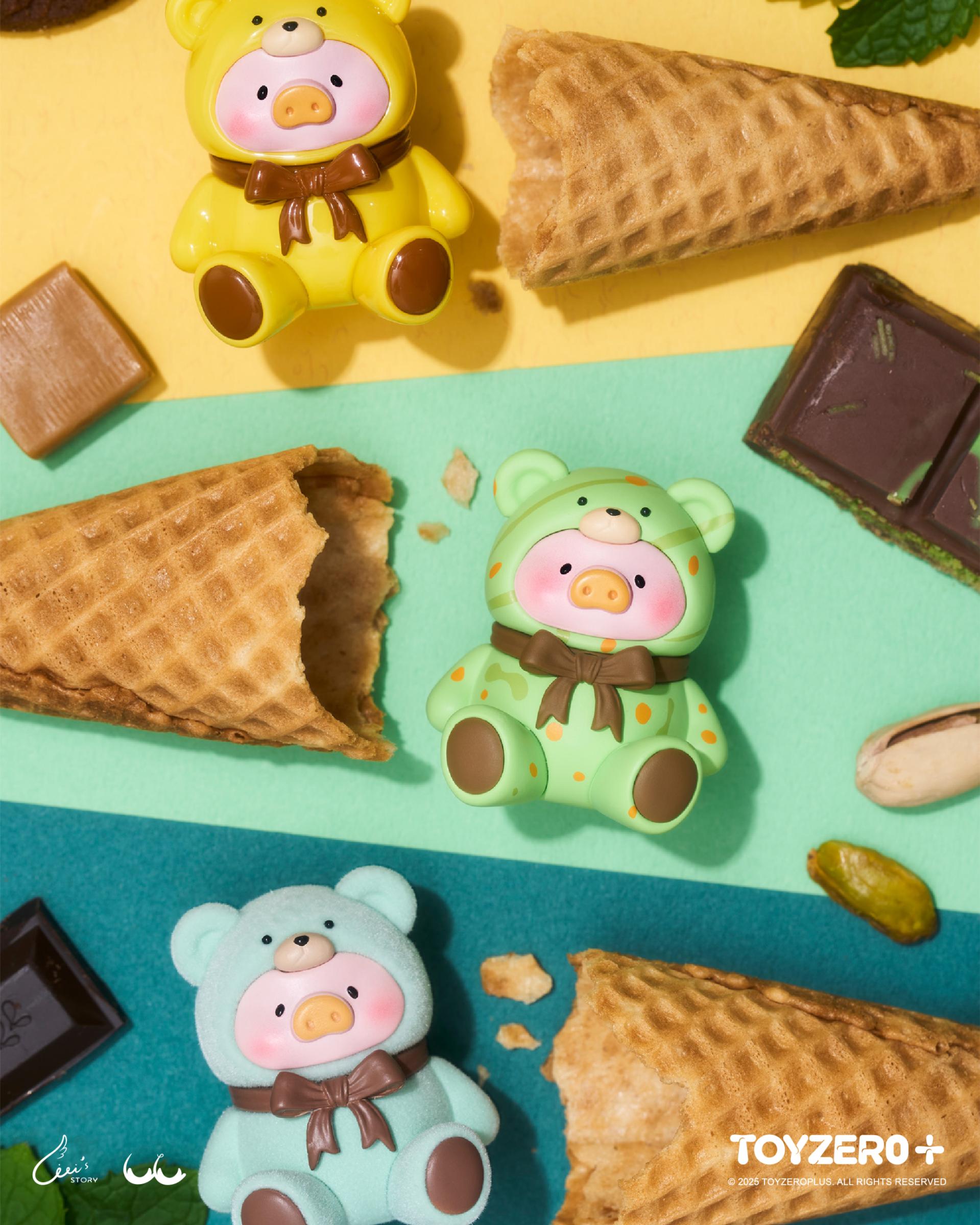 LuLu the Piggy - Teddy MINI Limited Edition figurines in playful outfits, surrounded by whimsical treats, ready for preorder from Strangecat Toys.