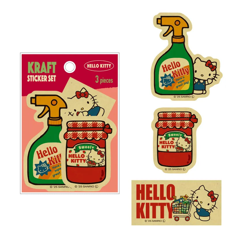 Sanrio Characters Craft Sticker Set Retro Market featuring Hello Kitty designs: spray-bottle, jam-jar, and grocery cart themes on Kraft-style stickers.