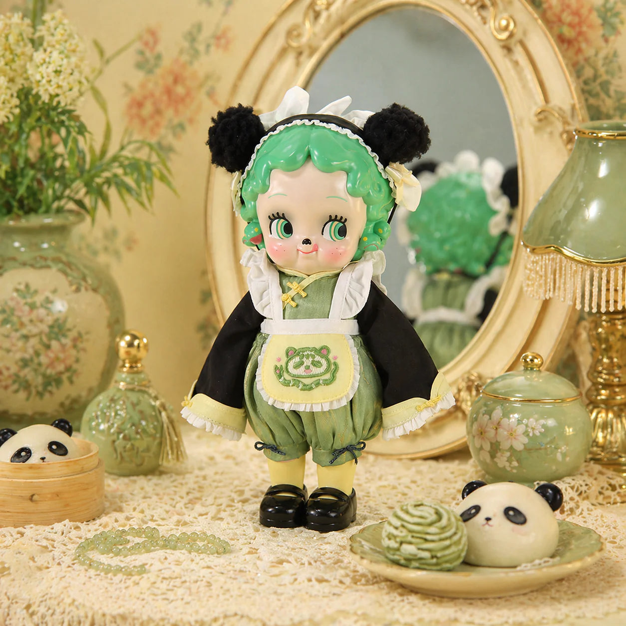 ABAO Medusasa (Panda ver.) Sofubi Figure - Preorder, vintage-style doll with green hair, panda accessories, and black-and-green outfit, surrounded by panda buns and ceramicware.