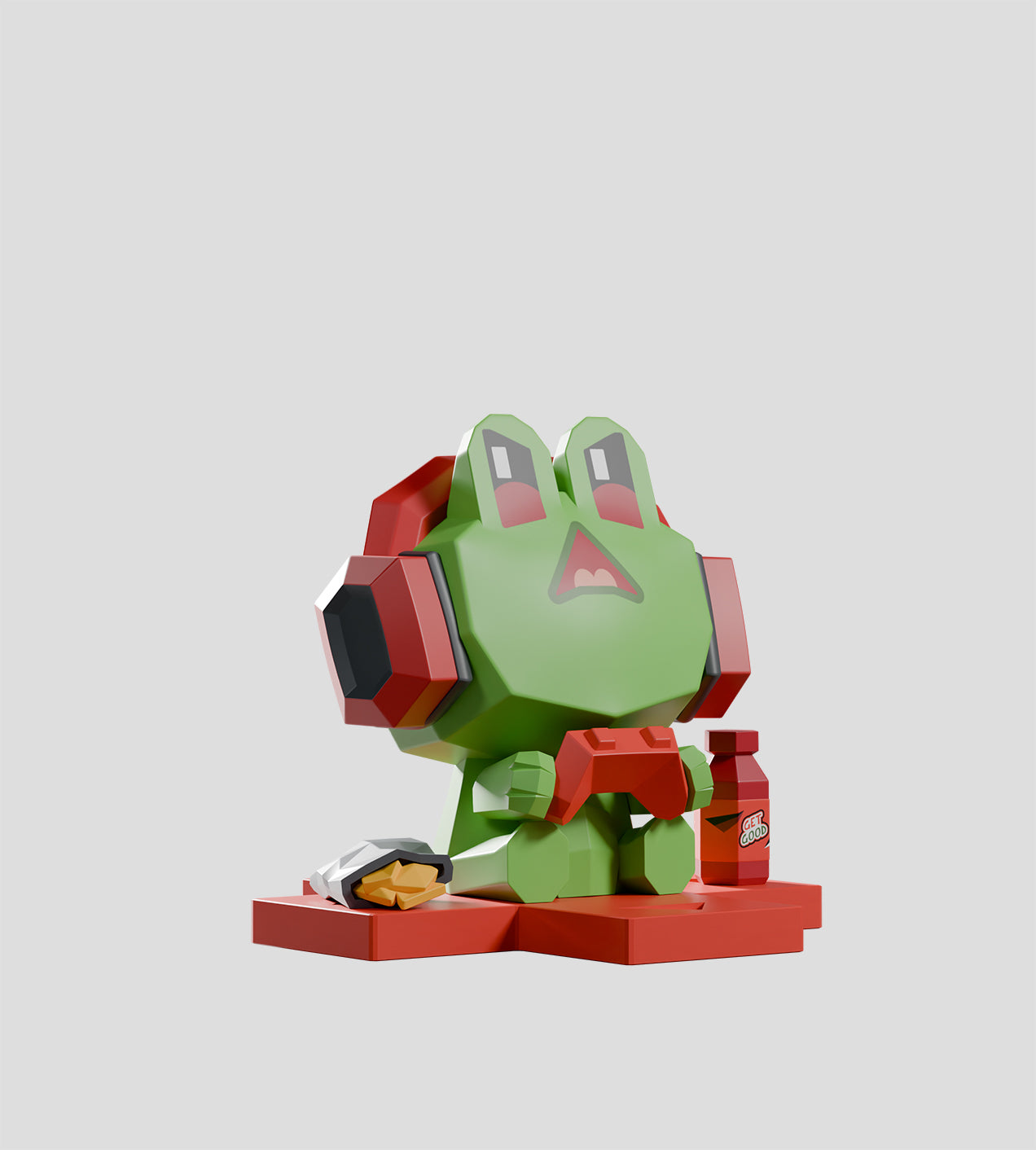 Mega-Mini Arcade Blind Box features a low-poly frog with headphones and gamepad, surrounded by snacks, highlighting collectible art toy appeal.