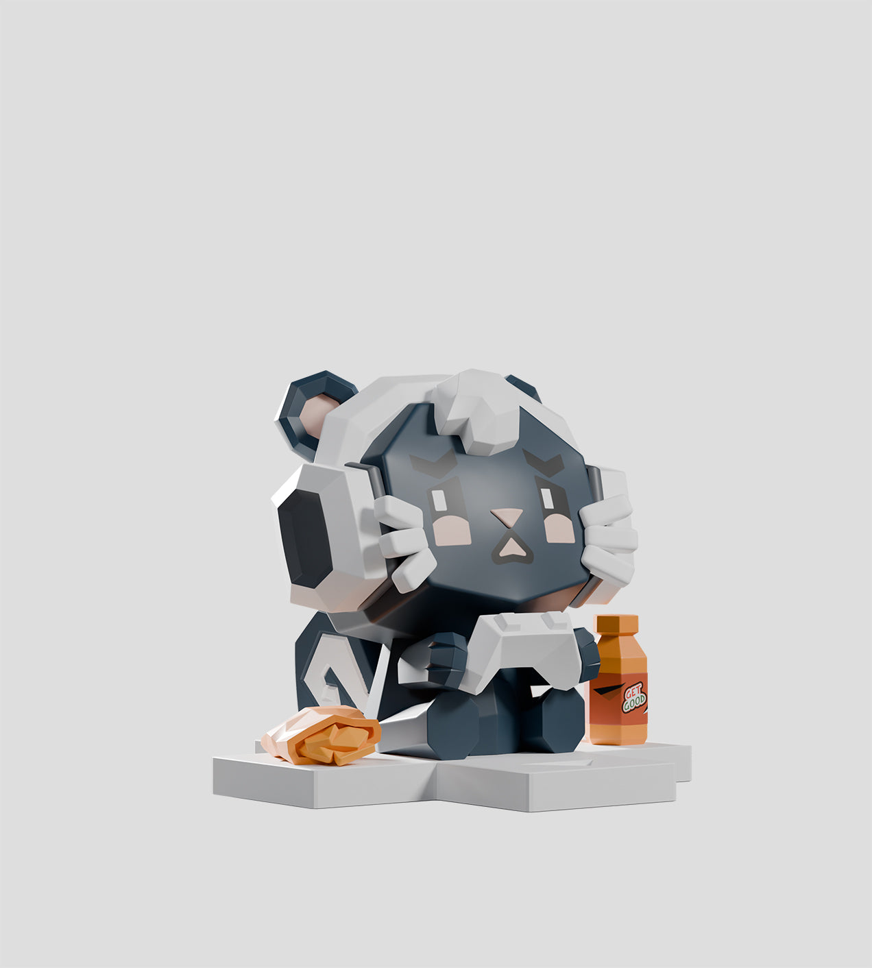 Mega-Mini Arcade Blind Box: A cub creature with a controller, snack, and GET GOOD bottle, emphasizing playful gaming culture in a collectible toy figure.
