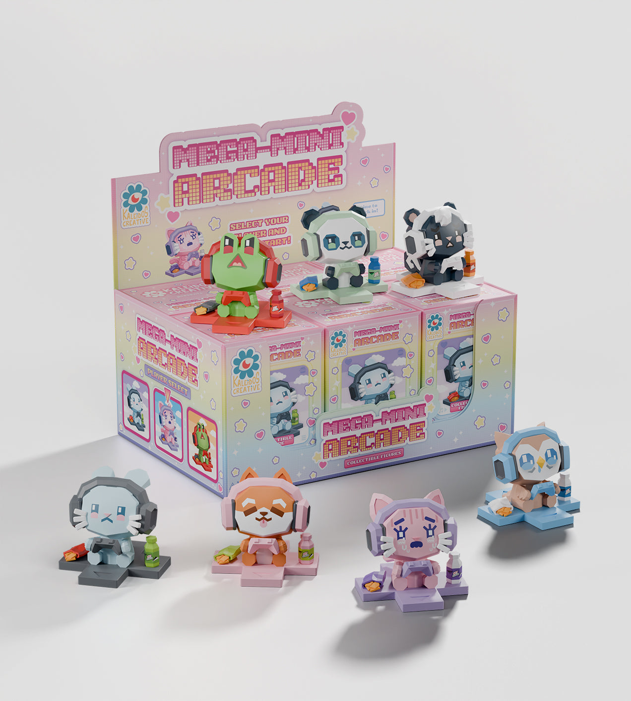 Mega-Mini Arcade Blind Box - Preorder features pixel-style animal figures with accessories on a display box, perfect for collectors and gamers.