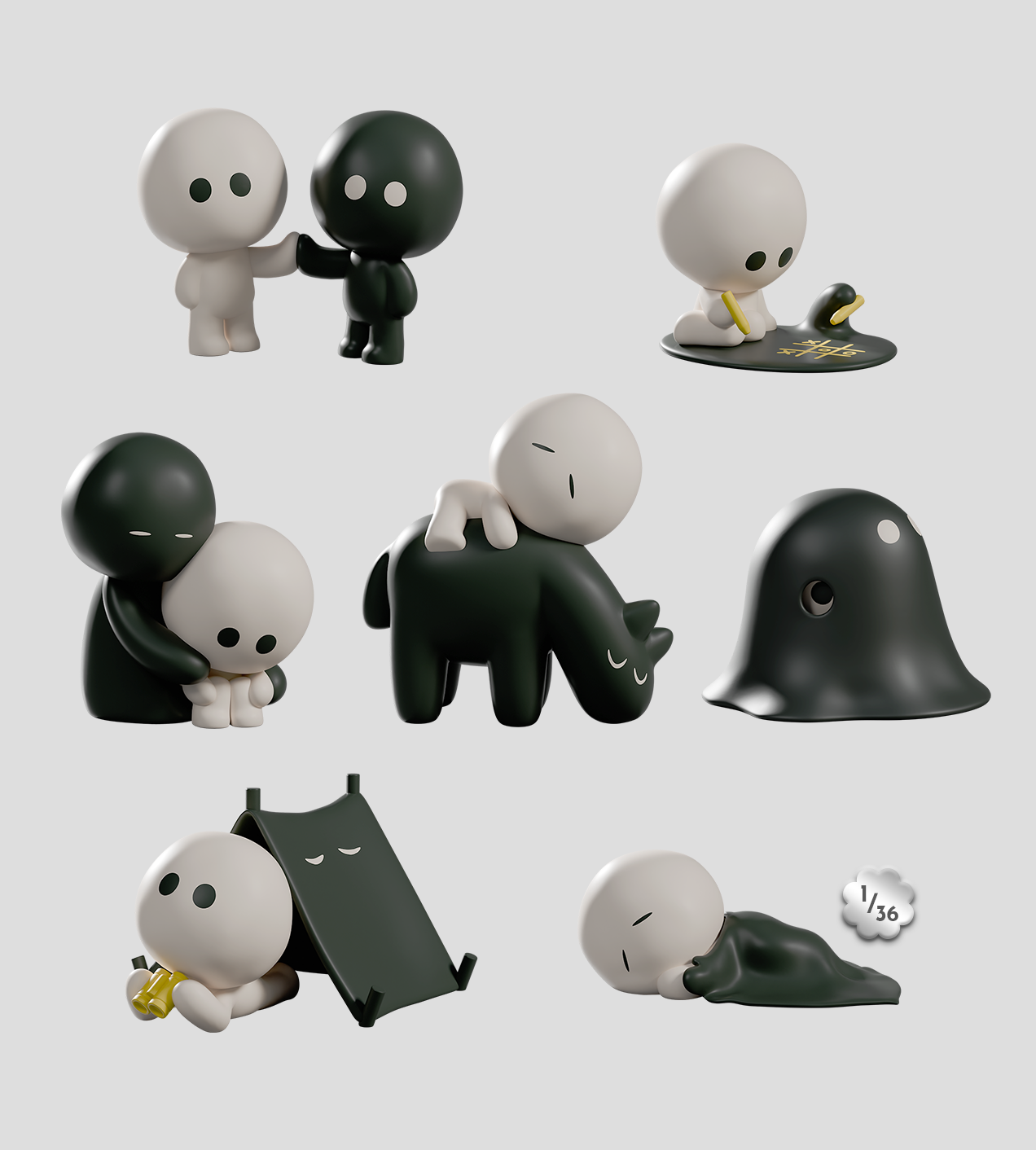 Meyanmi Shadow Blind Box features playful 3D vignettes of two characters in charming, contemplative scenes, encapsulating their whimsical companionship.