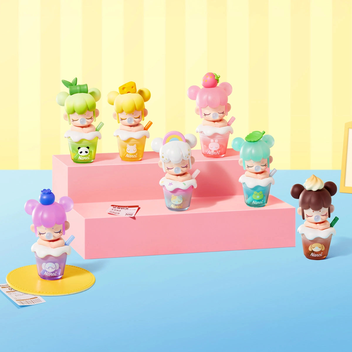 Rolife BabyNanci Surprise Figure Dolls - Milk Tea Series NDXX, featuring collectible figures in dessert cups with glow-in-the-dark elements and food-themed hats.