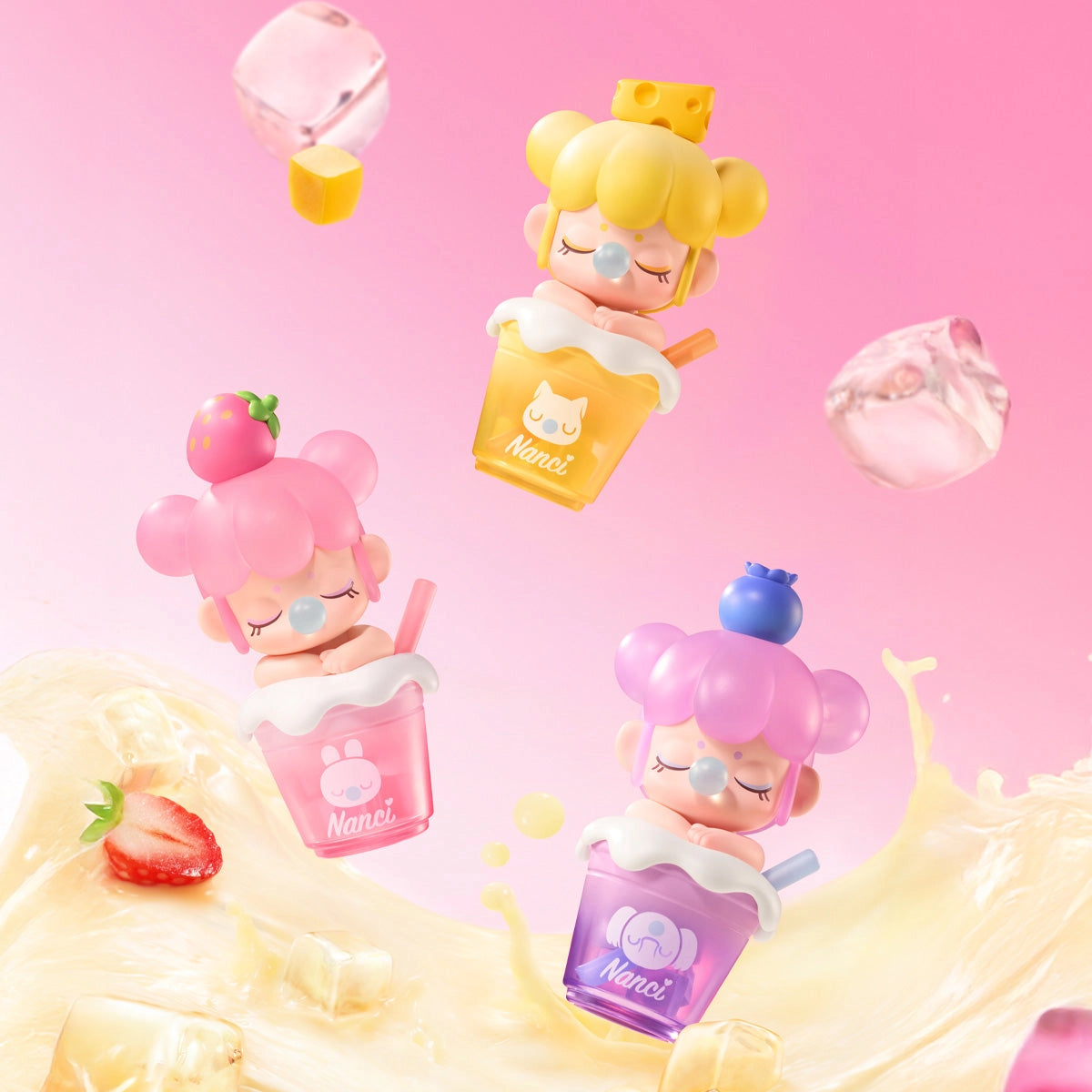 Rolife BabyNanci Milk Tea Series NDXX: Three cute bubble tea figurines with fruit hats, featuring glow-in-the-dark elements, perfect as collectible designer toys.