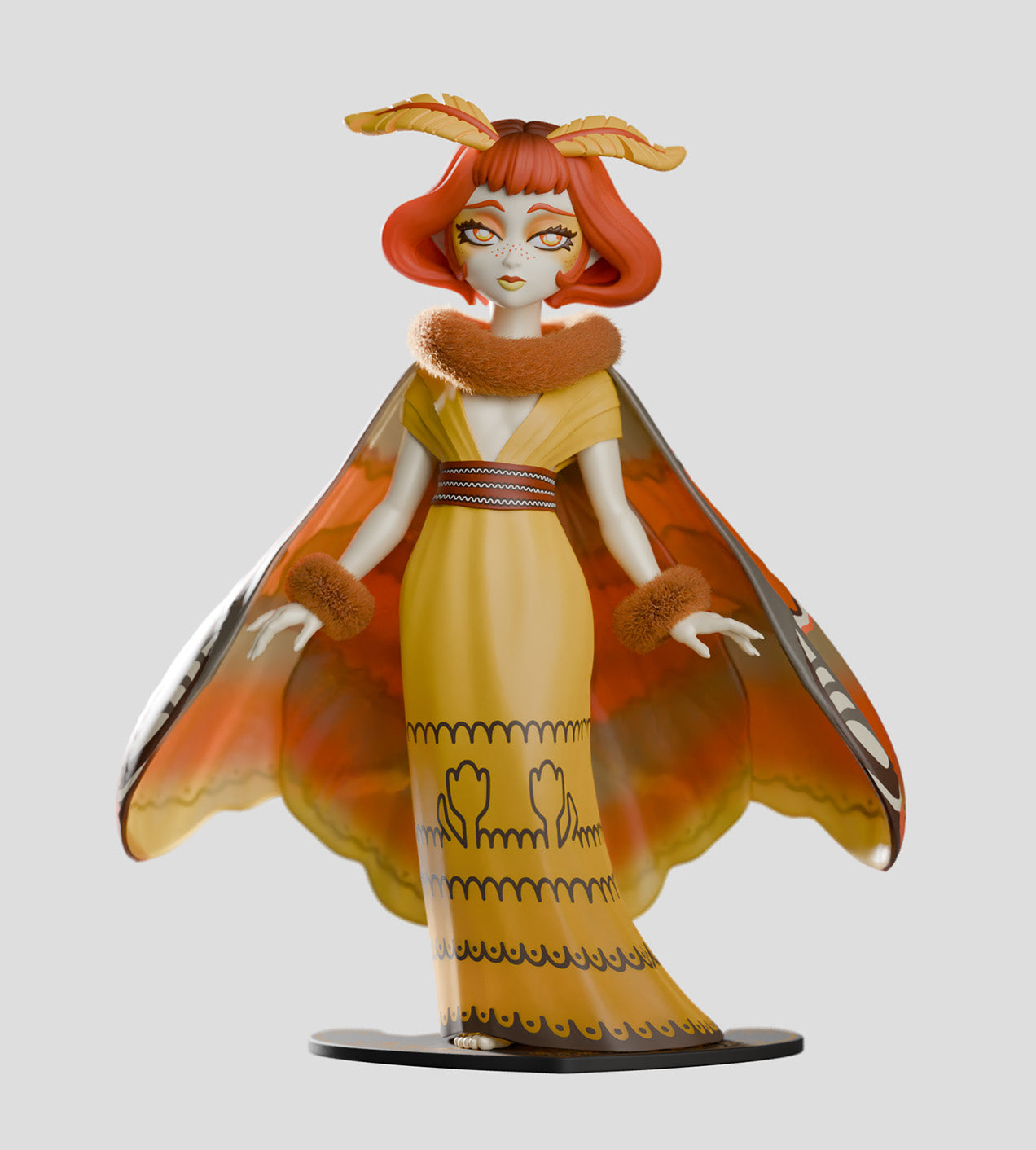 Atlas figurine from Moth Fairies, wearing a detailed yellow gown, showcasing intricate craftsmanship.