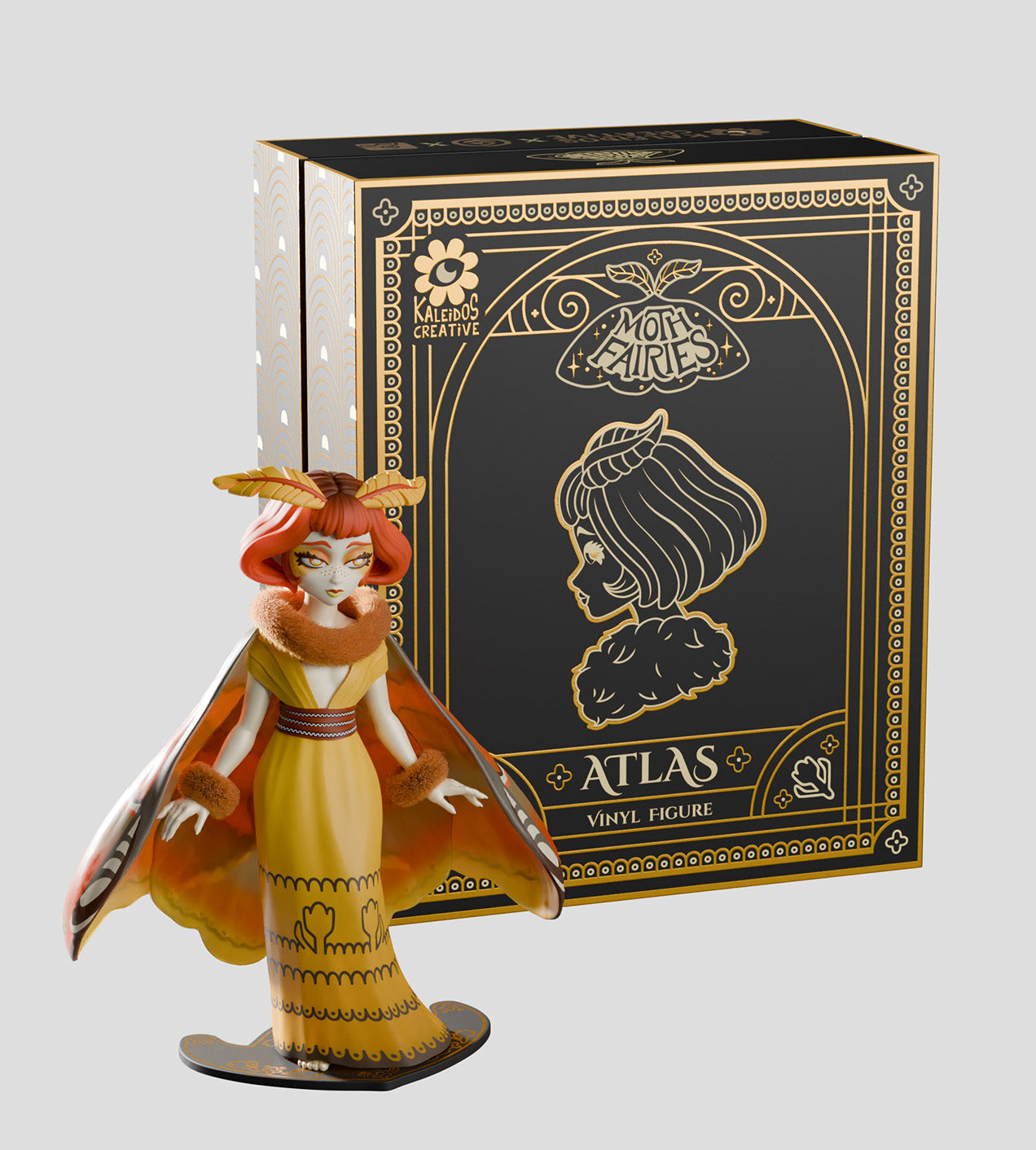 Moth Fairies figurine, Atlas in a flowing gown, from Strangecat Toys. Adorned with elegant details, embodying enchantment and artistry.