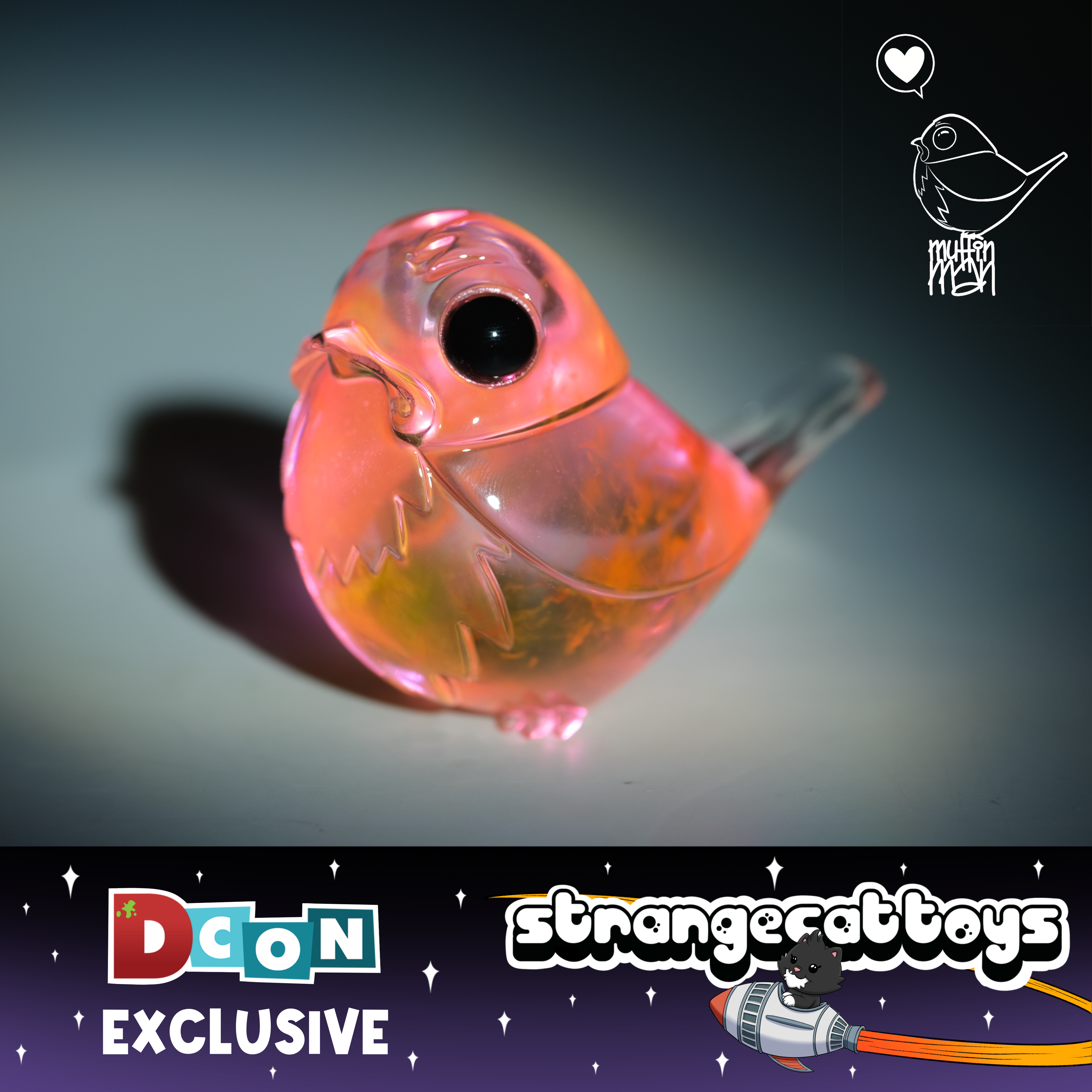 Pink Twinkle Robin by Muffin Man: a neon pink/orange resin bird figurine with large black eyes, DesignerCon exclusive, limited to 100 pieces.