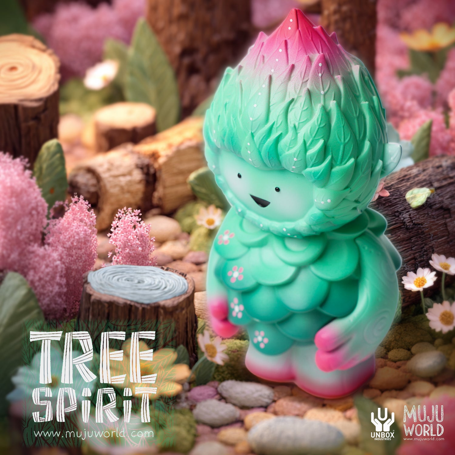 MUJUWORLD TREE SPIRIT SPRING EDITION vinyl toy on a forest diorama; preorder from Strangecat Toys, featuring soft greens and pinks with petal details.