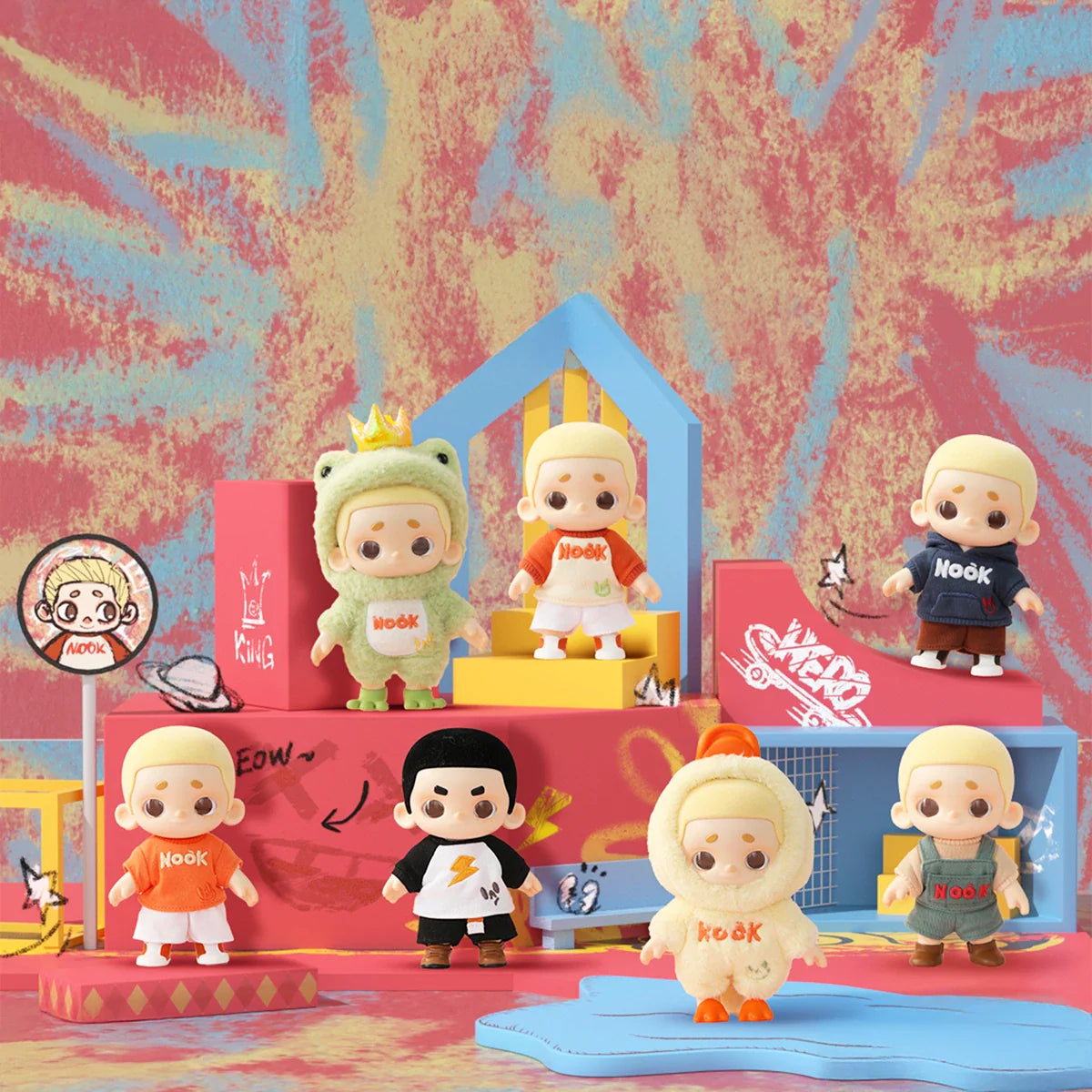 NOOK Plush Doll Blind Box OOTD features seven uniquely costumed figures on colorful risers, highlighting playful designs, including a frog and chick suit. Preorder for February 2026.