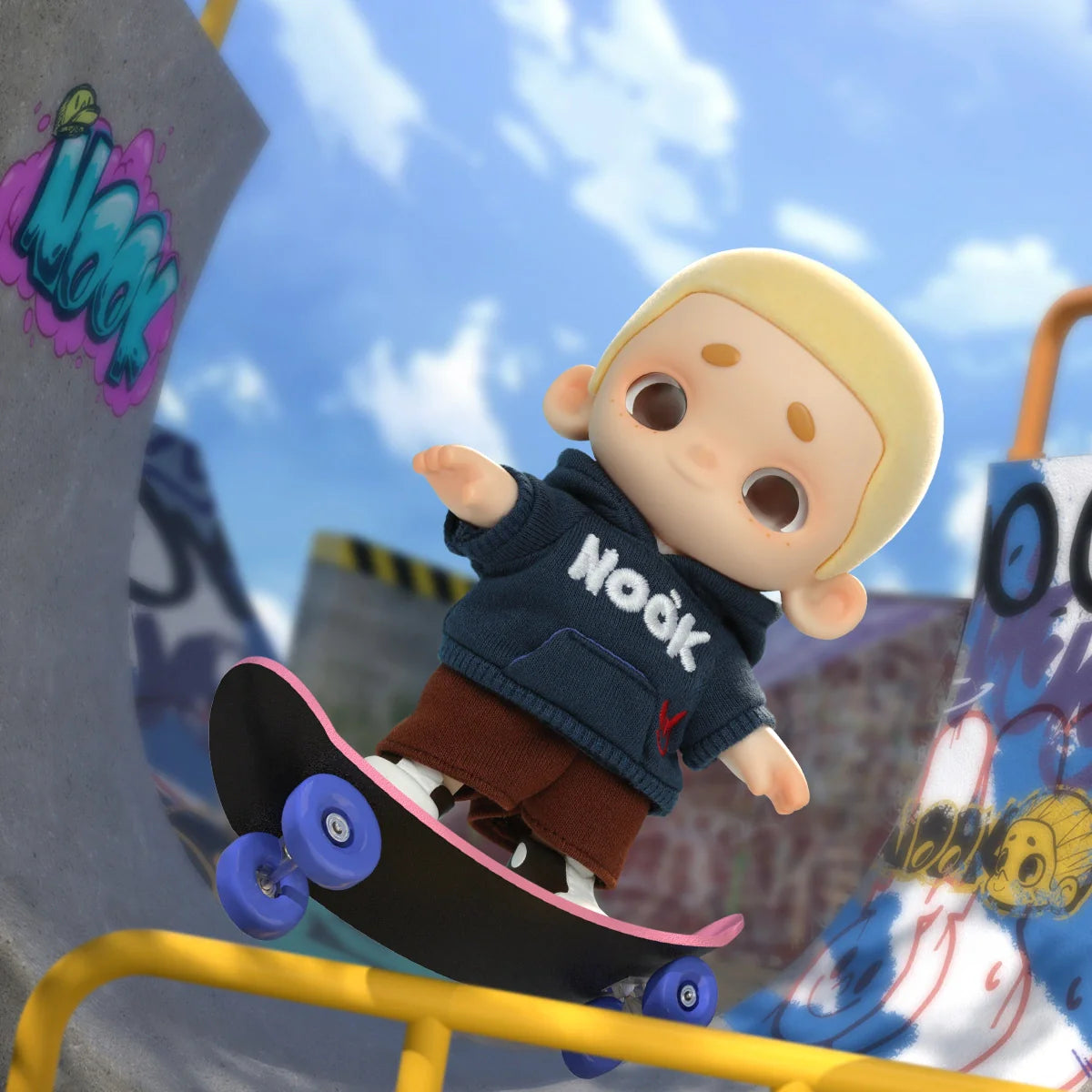 NOOK Plush Doll Blind Box First Release - OOTD: A toy character on a skateboard in a graffiti skate park, wearing a navy hoodie and brown shorts.