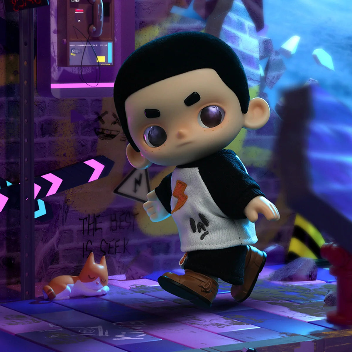 Chibi-style boy figure from NOOK Plush Doll Blind Box First Release - OOTD, with a sleeping fox-like creature, in a neon-lit urban scene.