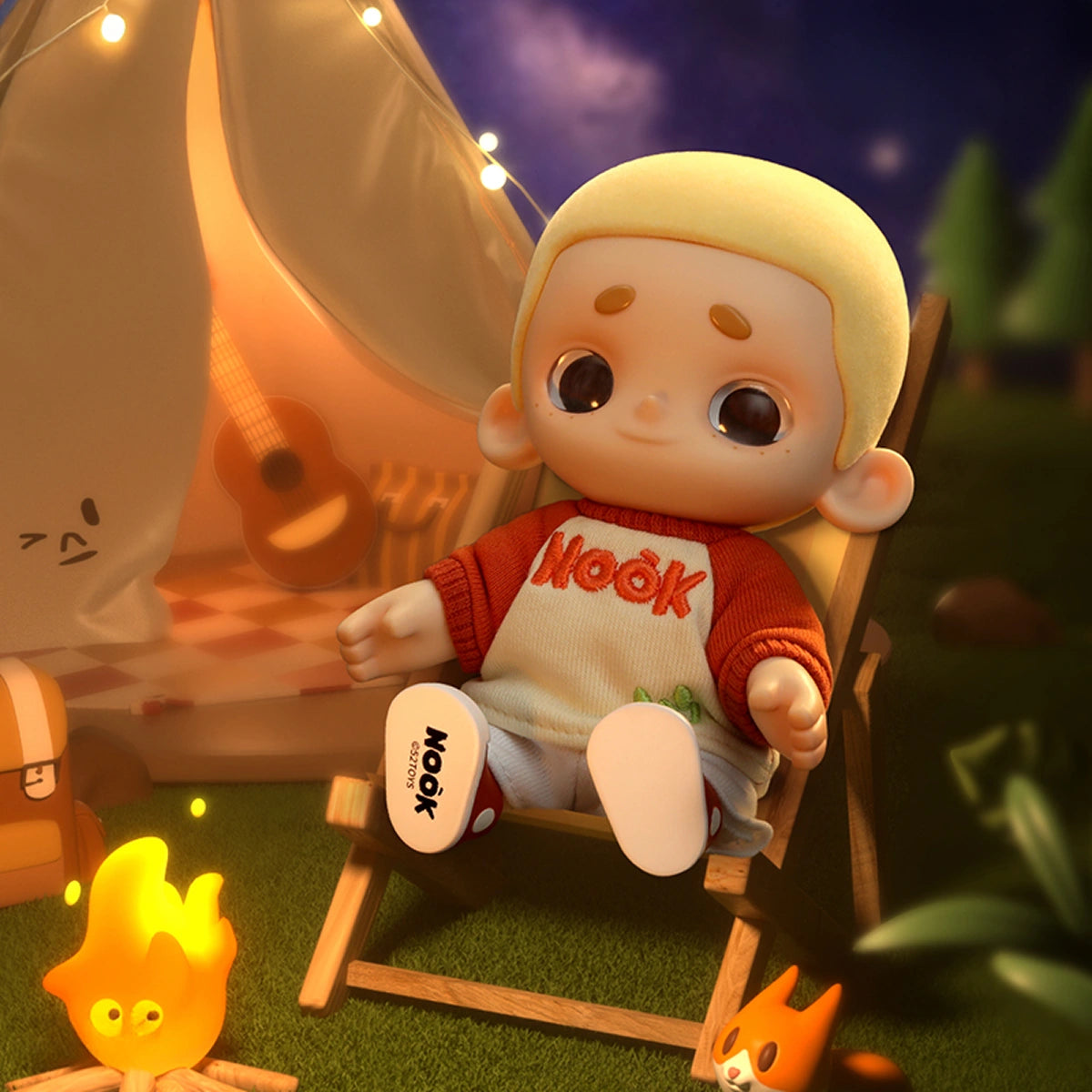 Chibi-style doll in a camping scene with a Nook sweatshirt, surrounded by a campfire and tent, part of Strangecat Toys' NOOK Plush Doll Blind Box.