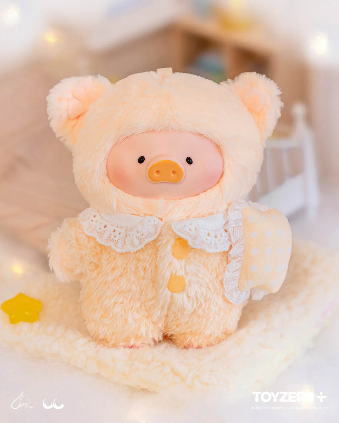 LuLu the Piggy plush in cream onesie with pillow, posed on a blanket, part of LuLu's Dreaming Wonderland Series PVC Plush Keychain Blindbox.