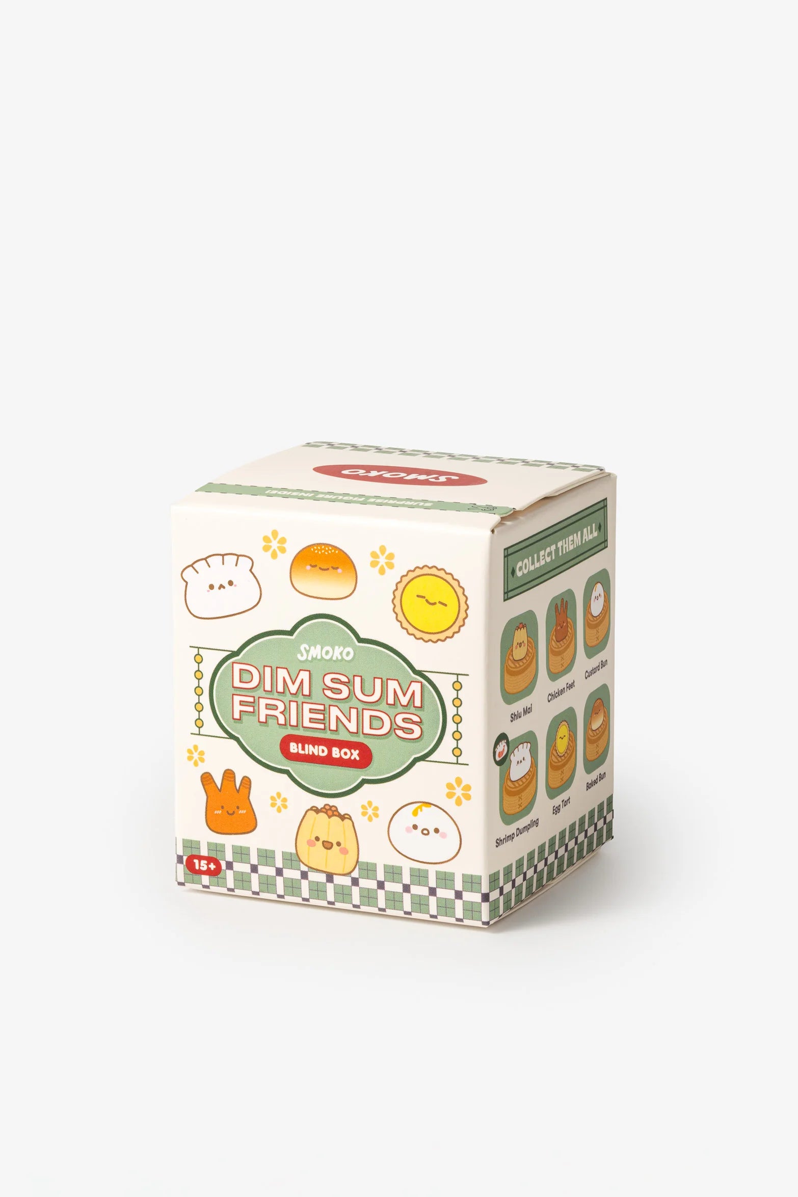 Smoko Dim Sum Friends Blind Box Figure showing cartoon dim-sum characters; six collectible figures include Shu Mai, Chicken Feet, and more. Contains one surprise vinyl figure.