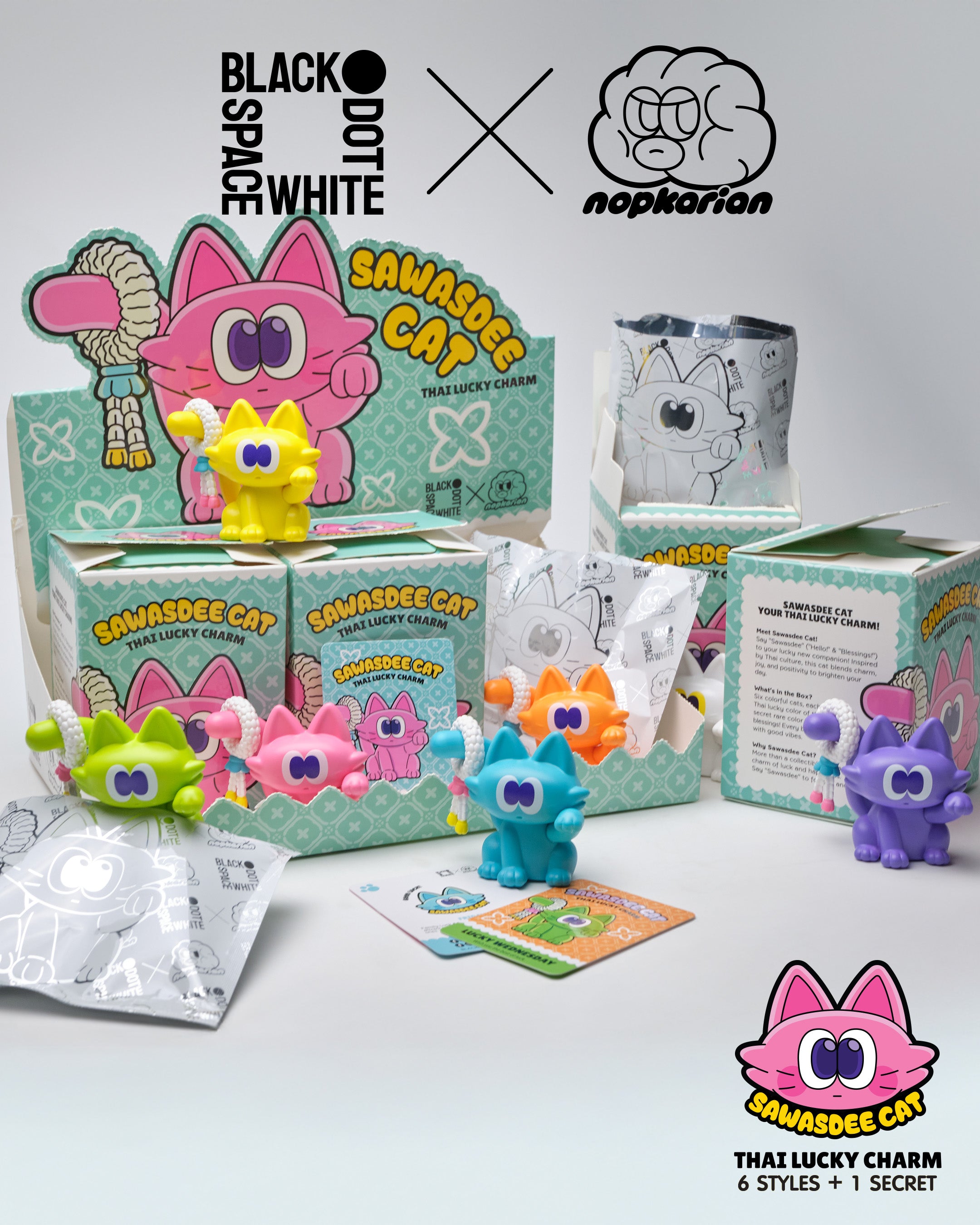 Sawasdee Cat Blind Box Series features a whimsical purple cat figurine, ideal for collectors seeking unique cartoon-themed art toys.