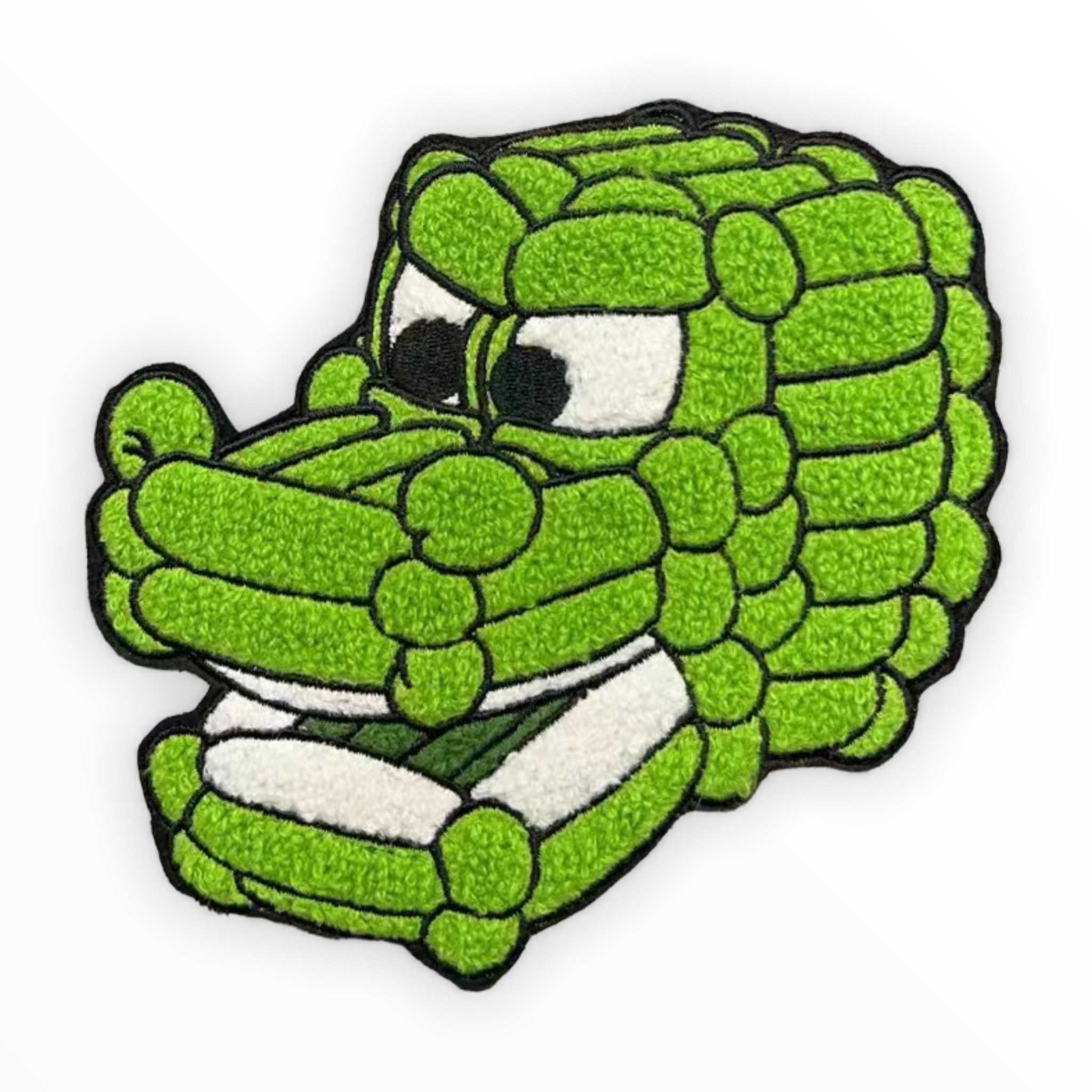 Balloonski Gator Chenille Patch, 5 wide, features a green cartoon alligator character, perfect for art toy enthusiasts. Iron-on backing included.
