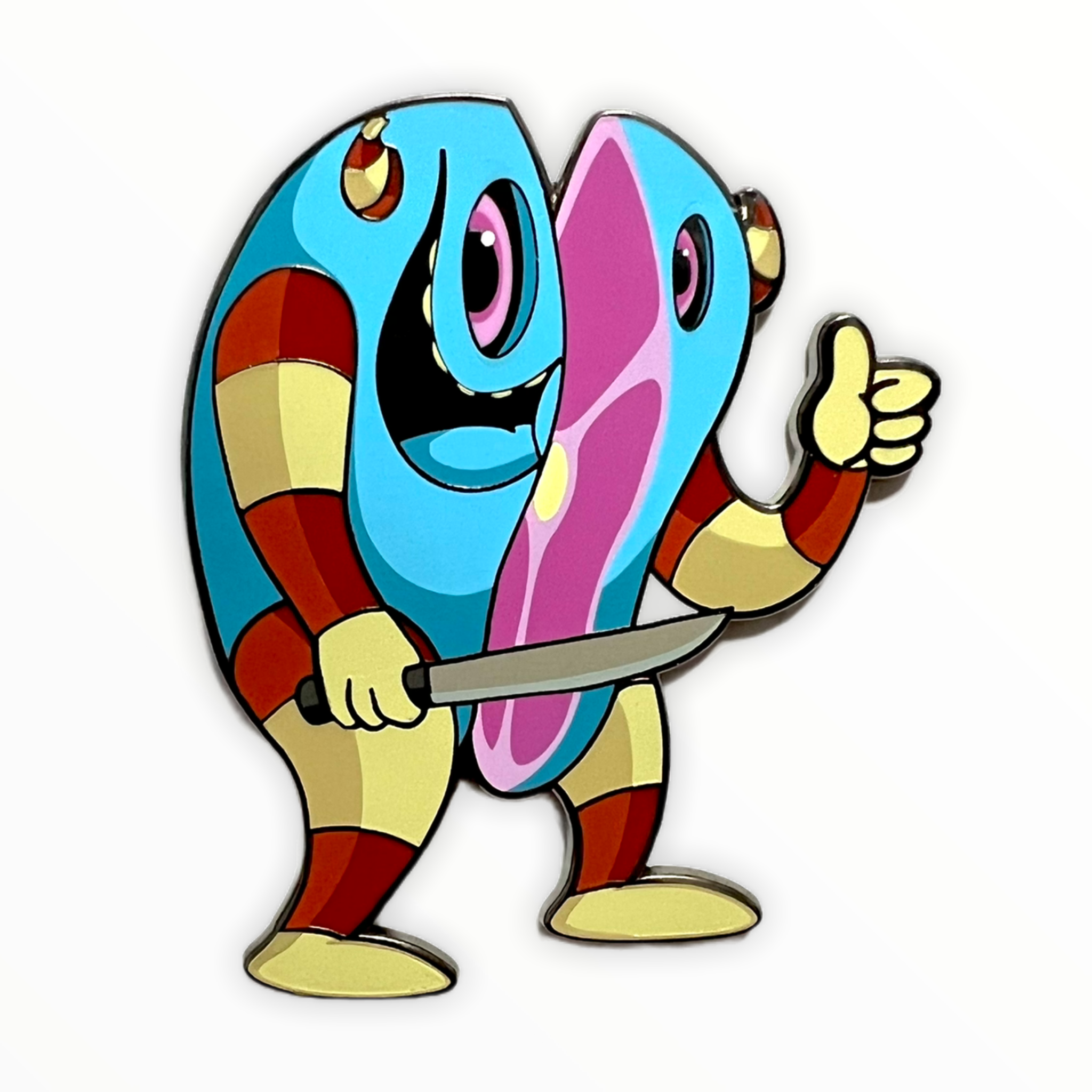 Patch Whisky Monster Enamel Magnet, featuring a cartoon character holding a knife, designed as a signature art piece measuring 3 inches wide.
