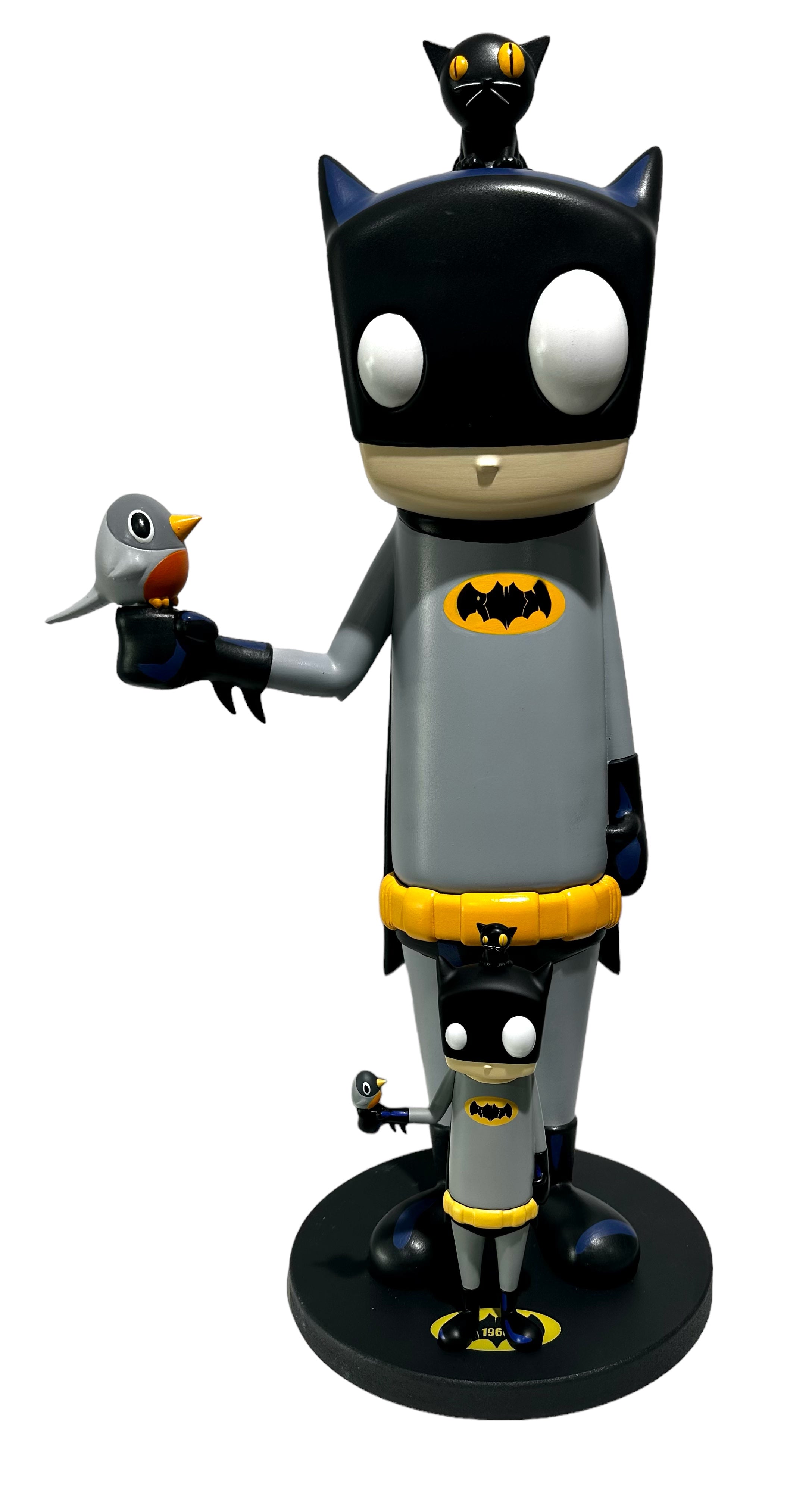 Toy figure of a bird and Batman with a cat, LEGO cartoon style, 25 tall, hand-painted resin, Where Have I Seen This Before - My Uncles Favorite 1992 1000% by Chris RWK.