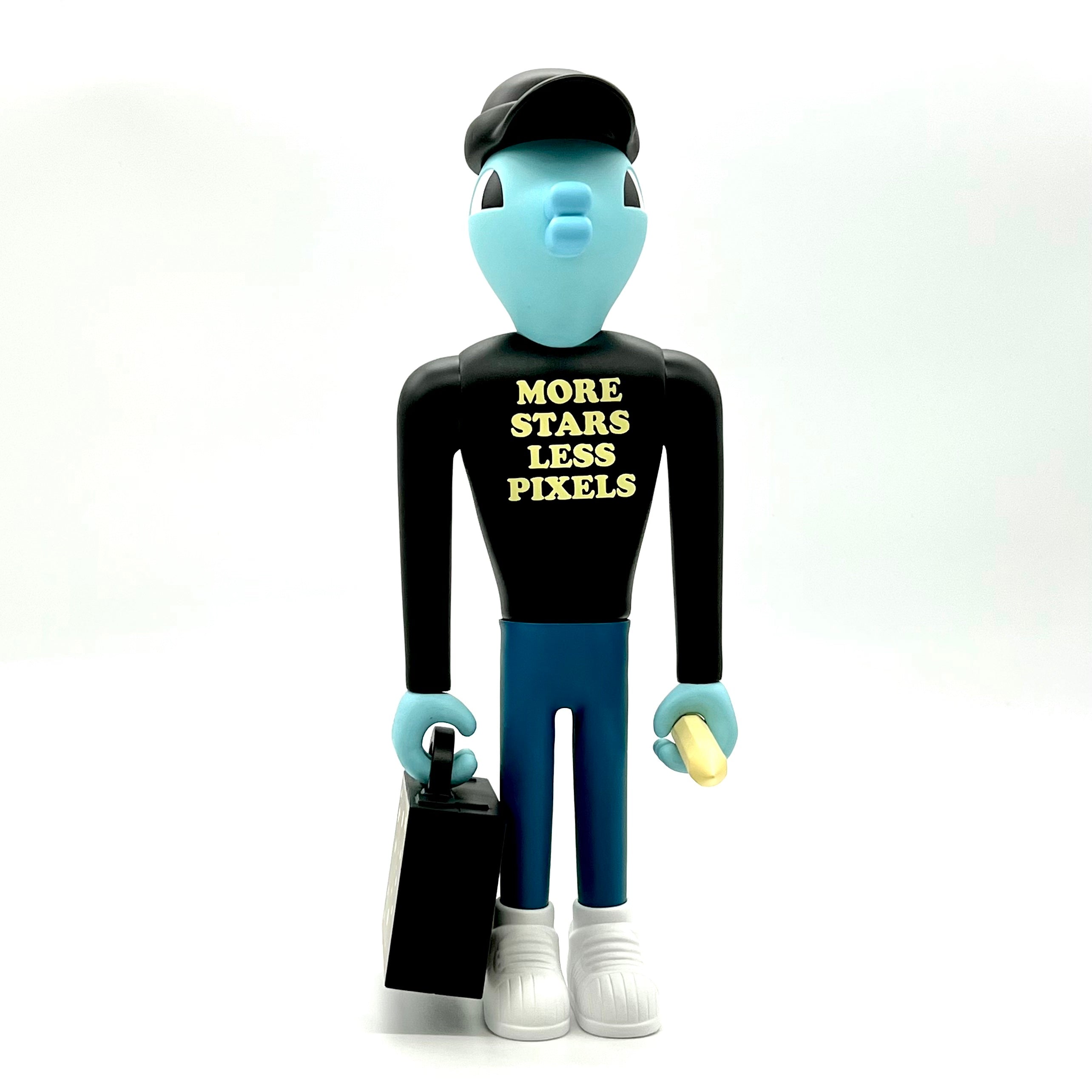 Tomorrow Bird More stars Less Pixels by Jeremyville, a 12 vinyl sculpture with a hat and briefcase, featuring 7 articulation points. Produced by UVD Toys.