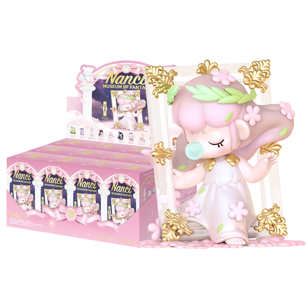 Nanci's Museum of Fantasy Blind Box Series features a flower-adorned vinyl figurine stepping from a gold frame, showcased with boxed mystery packs.