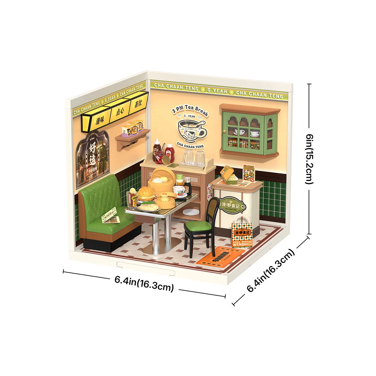 Rolife Super Creator Miniature House - Hong Kong Bites Cafe DW021: A detailed diorama of a Hong Kong tea café with booth, table, dim sum, and neon sign.