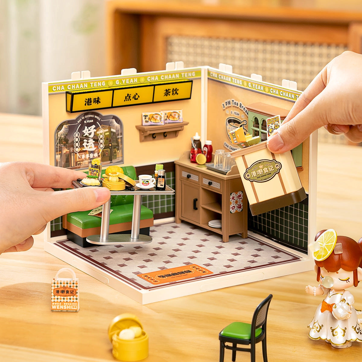 Rolife Super Creator Miniature House - Hong Kong Bites Cafe DW021: DIY miniature diorama with cha chaan teng elements, tiny furnishings, and character figurine, perfect for casual Hong Kong snack ambiance.