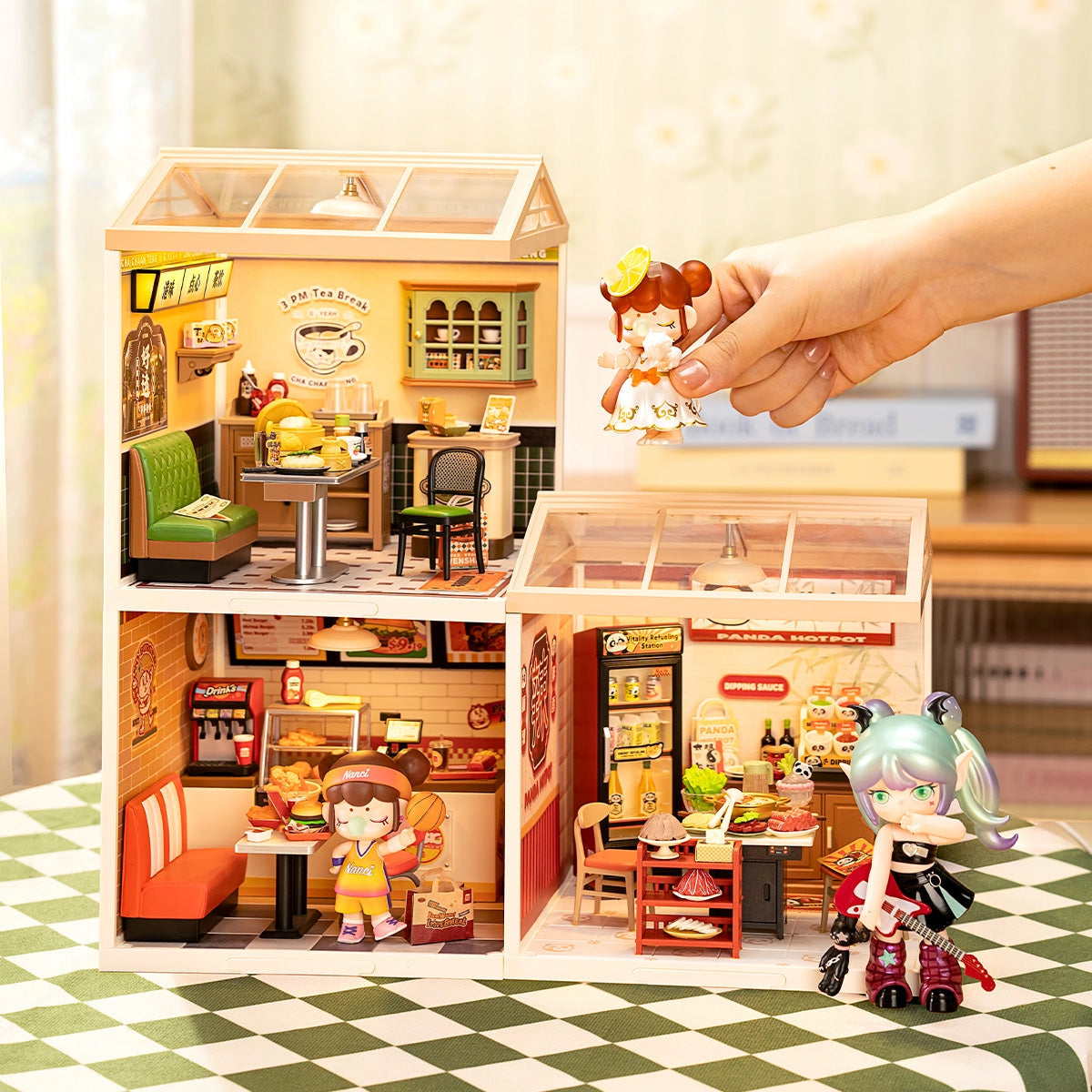 Rolife Super Creator Miniature House - Hong Kong Bites Cafe DW021 with modular shops, including a tea café, diner, and panda hot-pot station, featuring detailed furnishings and figures.