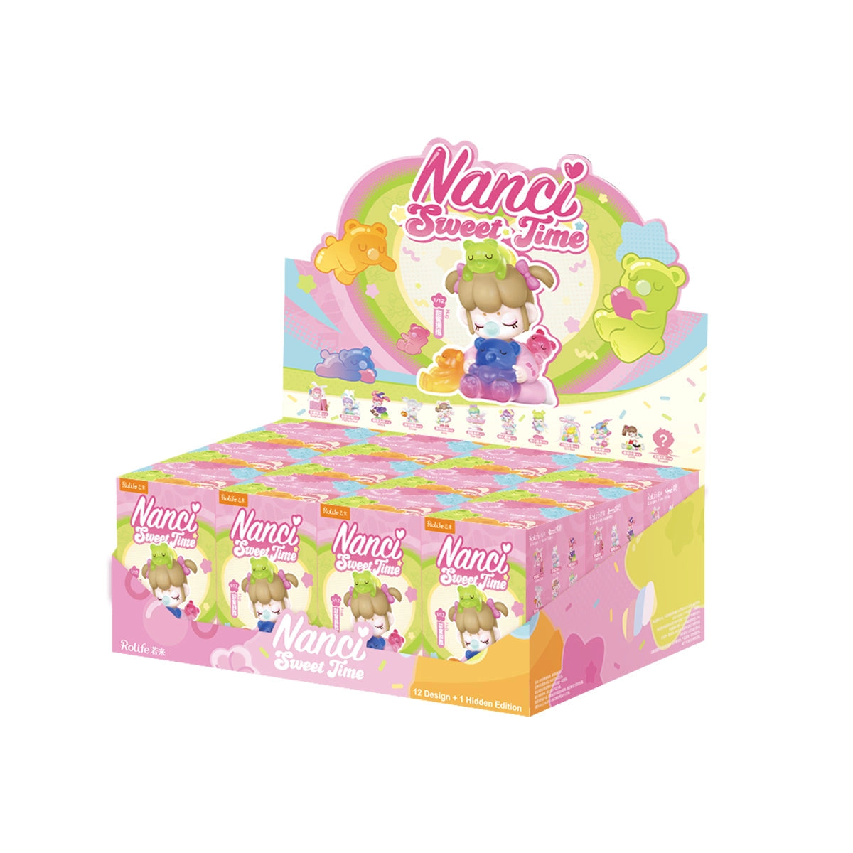 Nanci's Sweet Time Blind Box Series on display, featuring pink boxes with chibi-style art, each holding one of twelve collectible designs, plus a mystery edition.