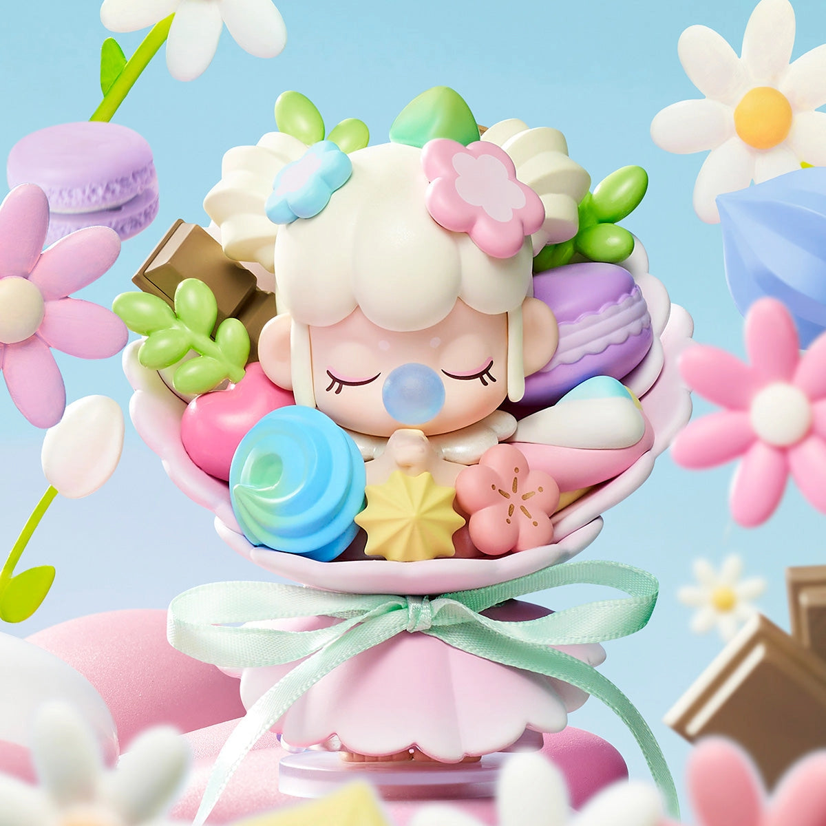 Nanci's Sweet Time Blind Box Series: A whimsical pastel-themed candy bouquet sculpture with floral accents and sweet treats, featuring a character blowing a bubble-gum bubble.