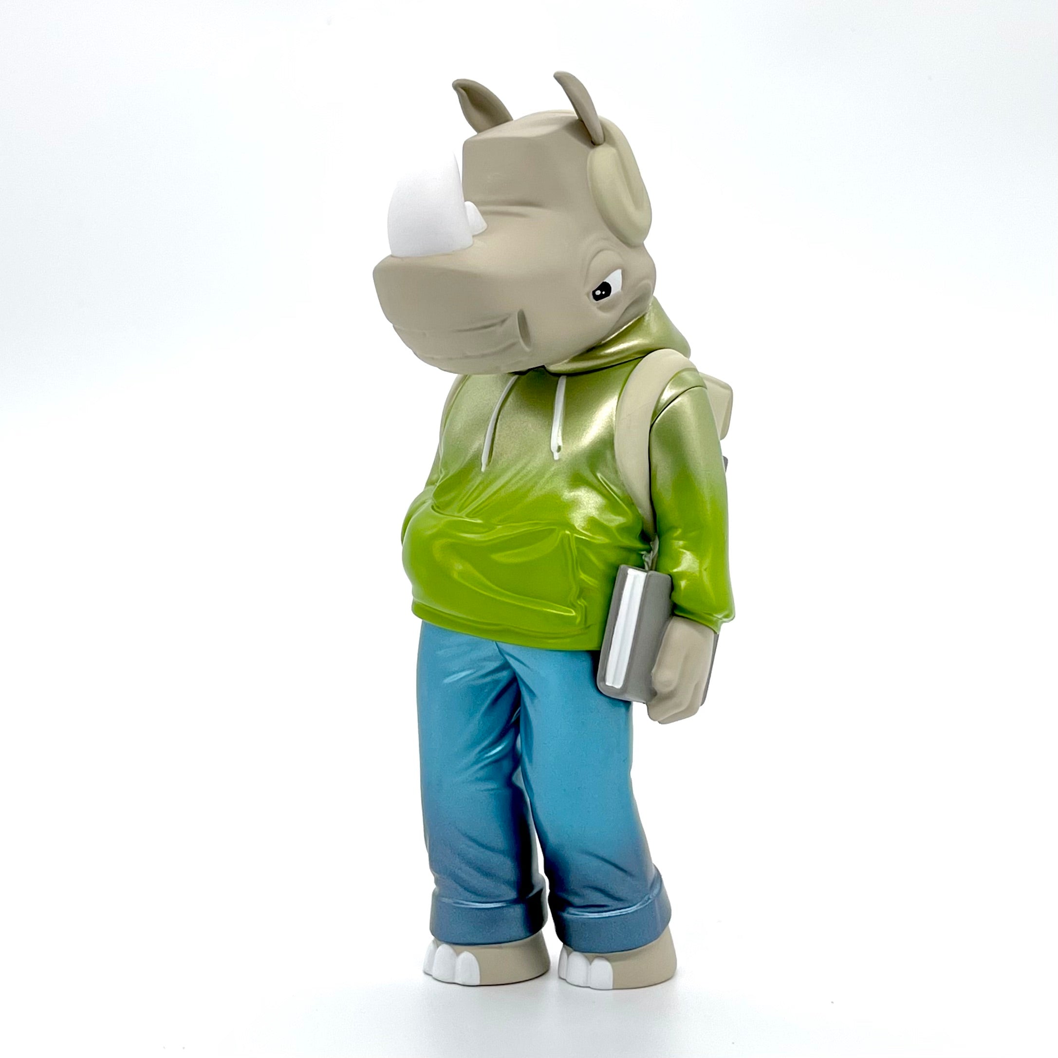 Rumpus Cool Tone Edition by Scribe, a 7 vinyl figure of a rhinoceros wearing a hoodie and jeans, limited to 150 pieces.