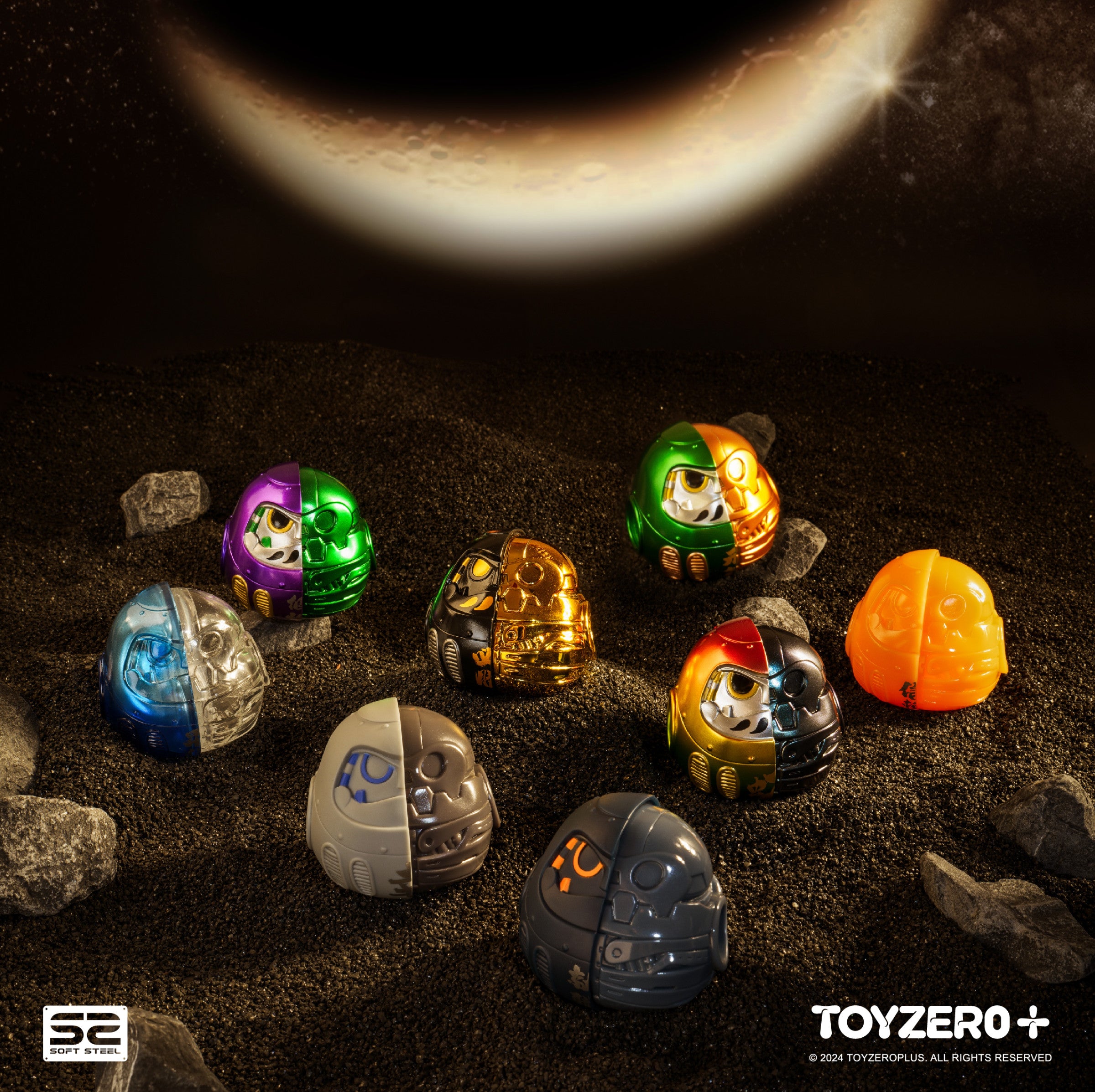 Soft Steel - Iron Daruma Mini Vol.2 Blind Box Series features various robot toys on a rocky surface, highlighting unique designs in this collectible set.