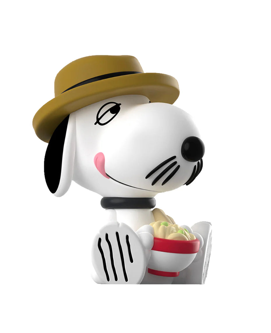 Snoopy in a fedora enjoys ramen, part of Rokimoto x PEANUTS Series 2 Blind Box collectibles, available for preorder at Strangecat Toys.