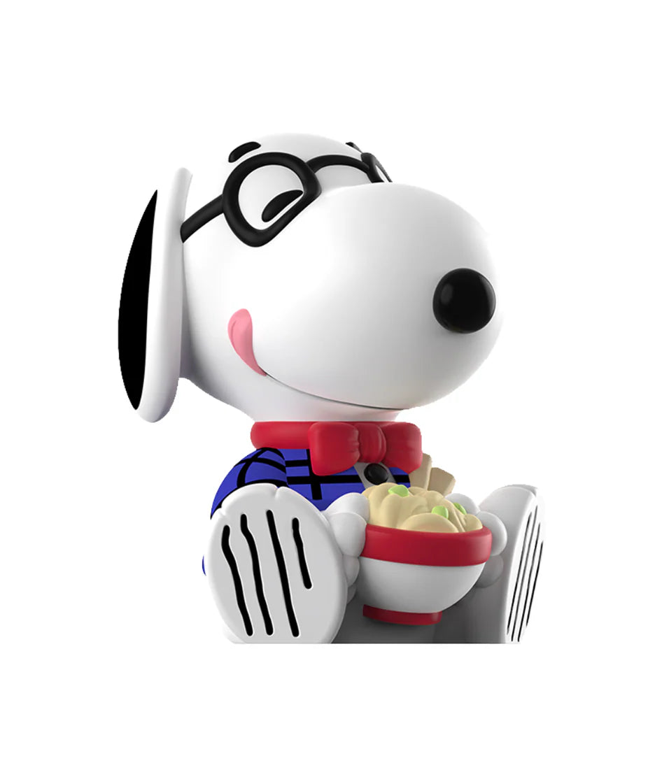 Snoopy 3D figure with glasses, red bow tie, and blue-striped shirt, holding noodles; part of Rokimoto x PEANUTS Series 2 Blind Box collection.
