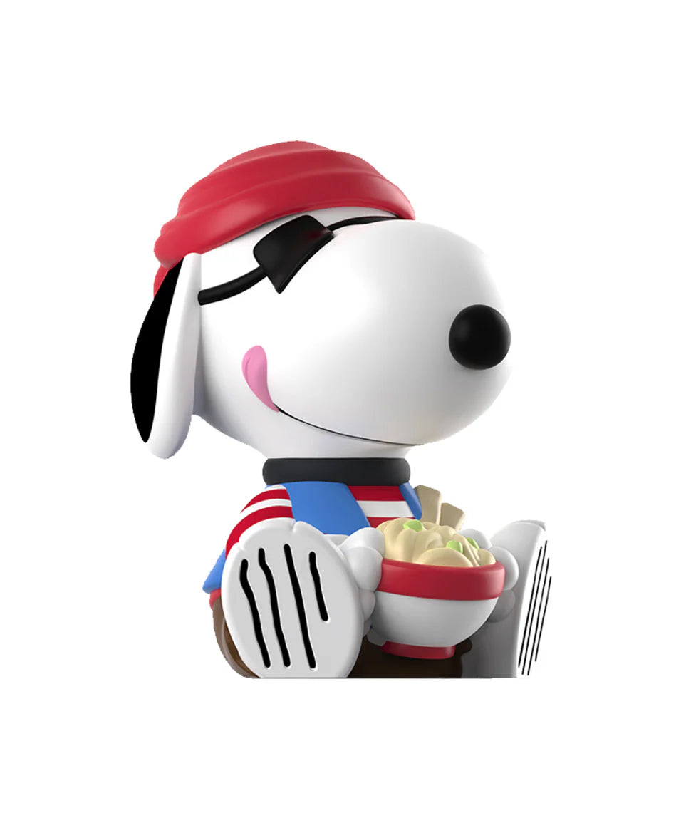 Snoopy pirate figure from Rokimoto x PEANUTS Series 2 Blind Box, holding noodles, part of a collectible art toy series.