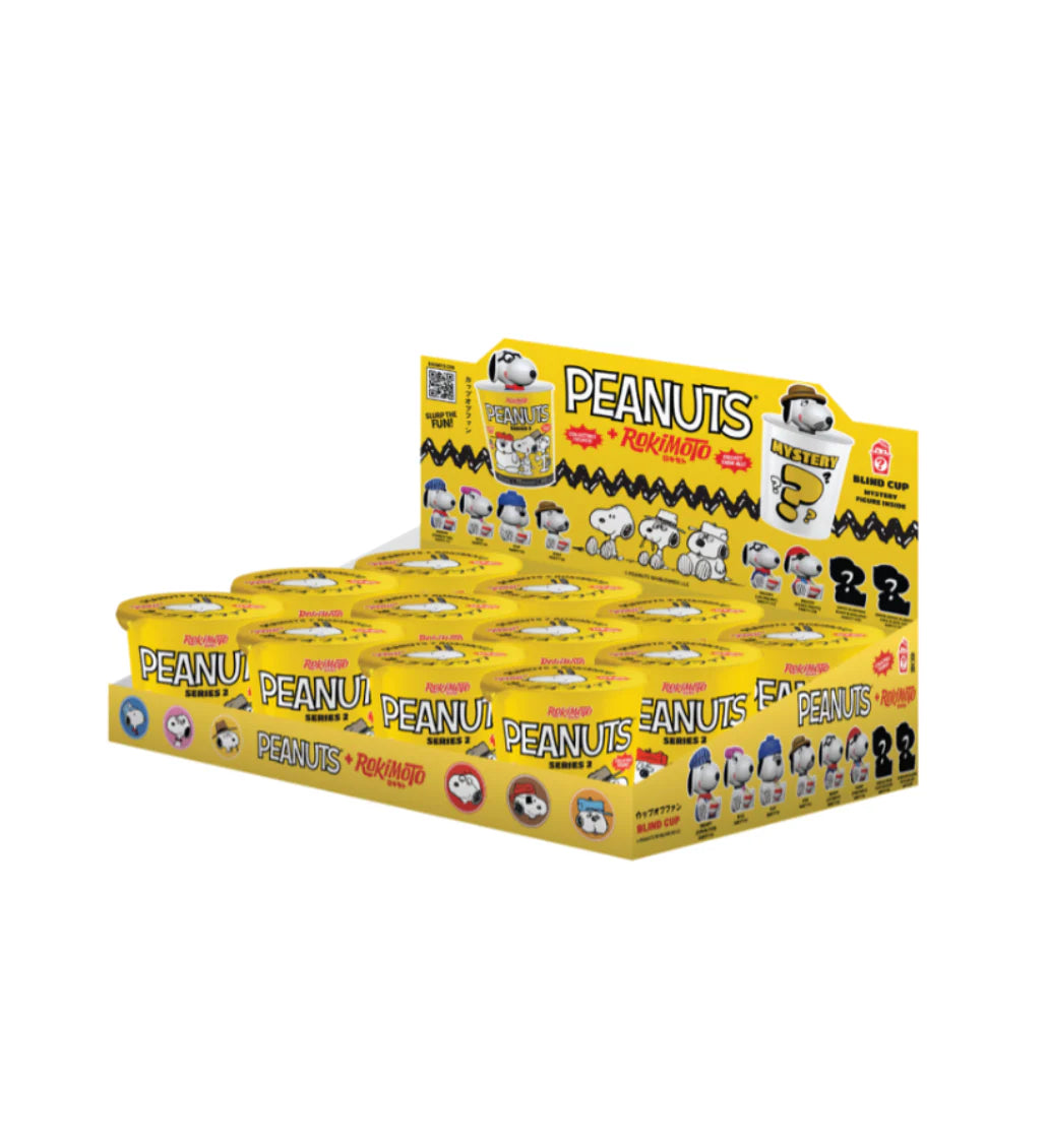 Countertop display box of Rokimoto x PEANUTS Series 2 Blind Box, featuring collectible Snoopy figures in various costumes and poses, ready for preorder.