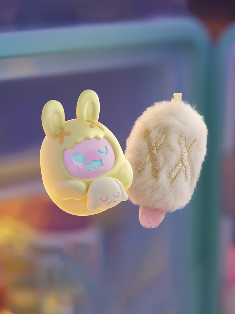 ShinWoo - Hug Me Mini Series Blind Box: 3D render of a bunny-suited character with ghost plush, alongside a fuzzy ice-cream bar toy.