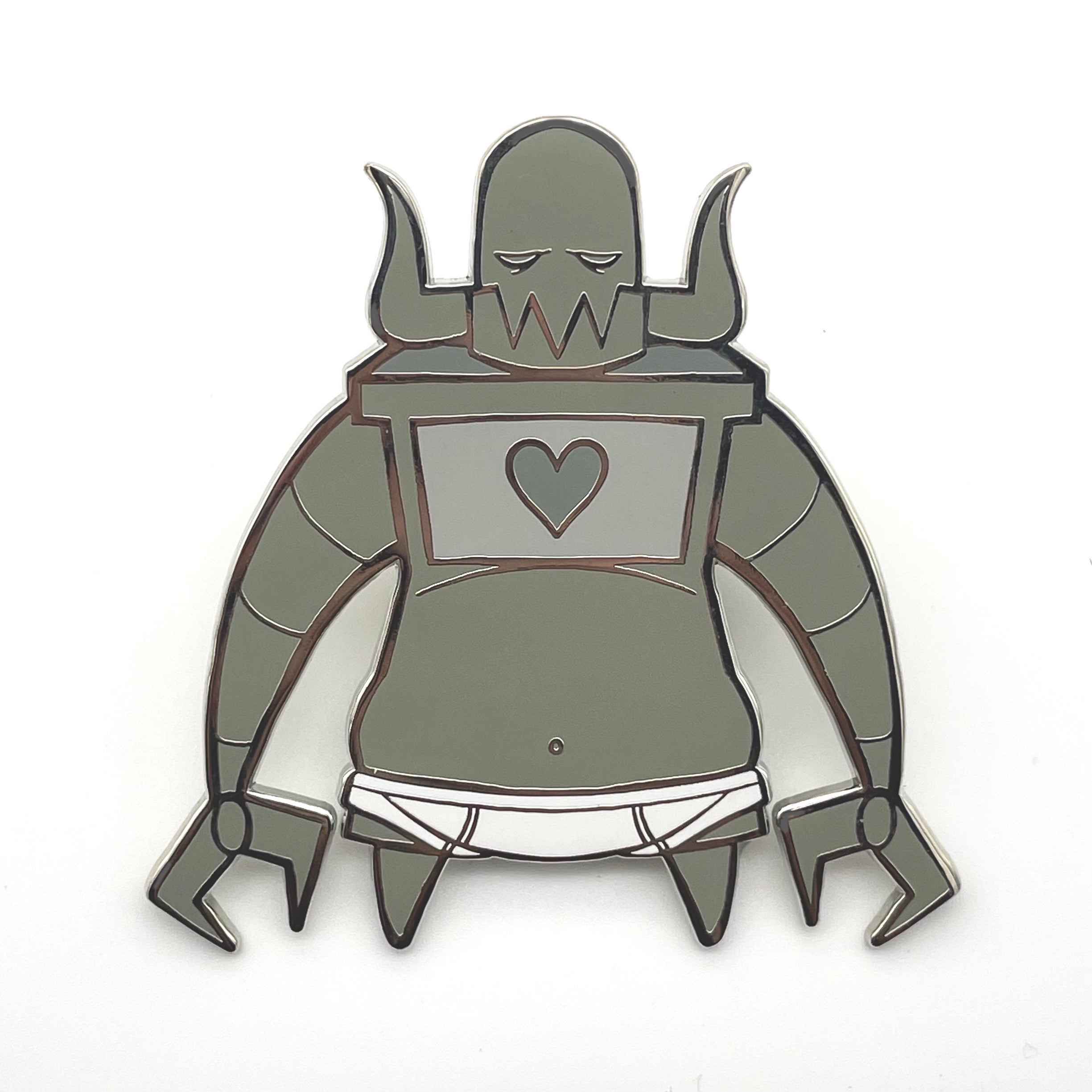 Shitty Robots Enamel Magnet: 3 tall hard enamel featuring a cartoon character with horns and a heart, limited edition, from Strangecat Toys.