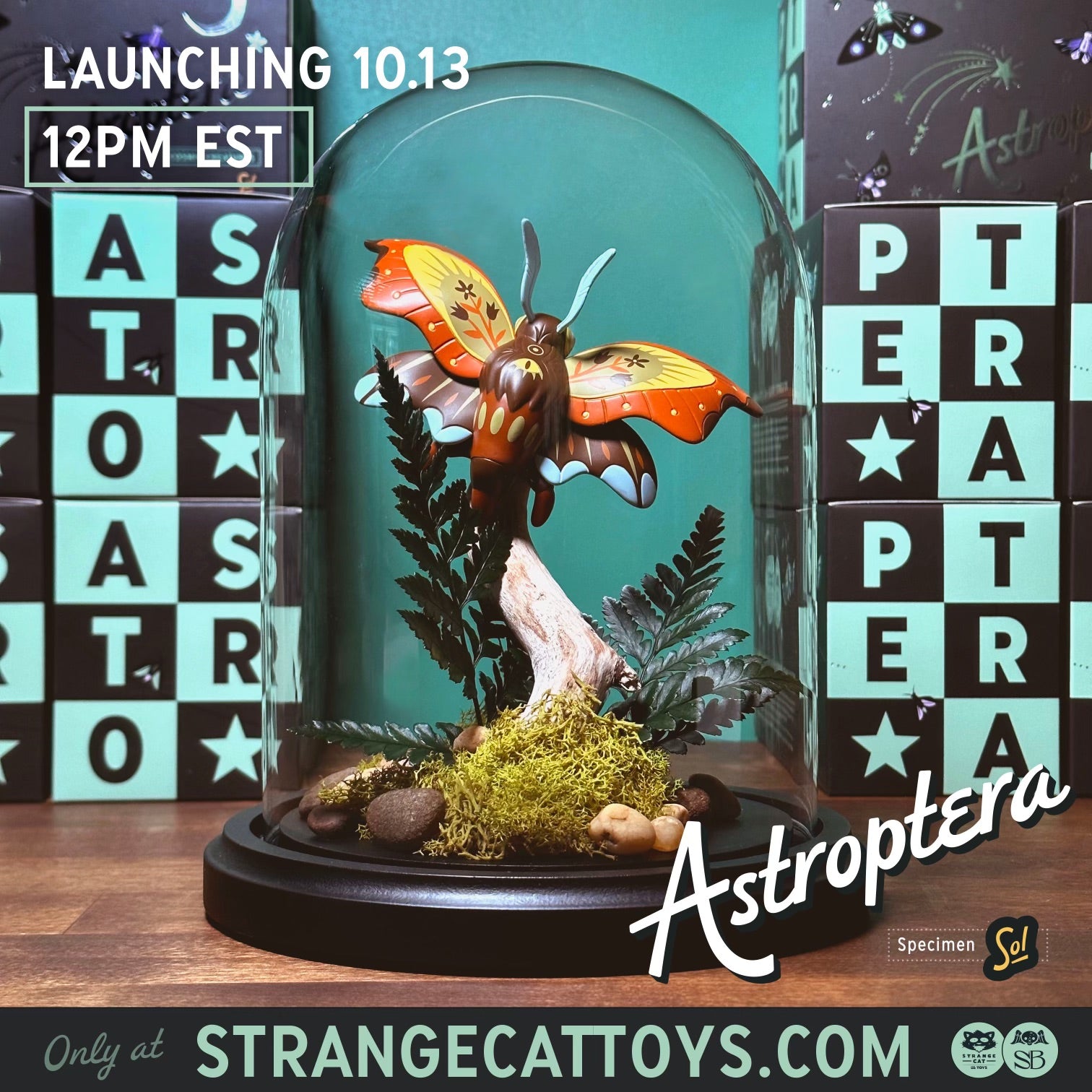 Astroptera - Sol by Stephanie Buscema, a butterfly statue in a glass dome.