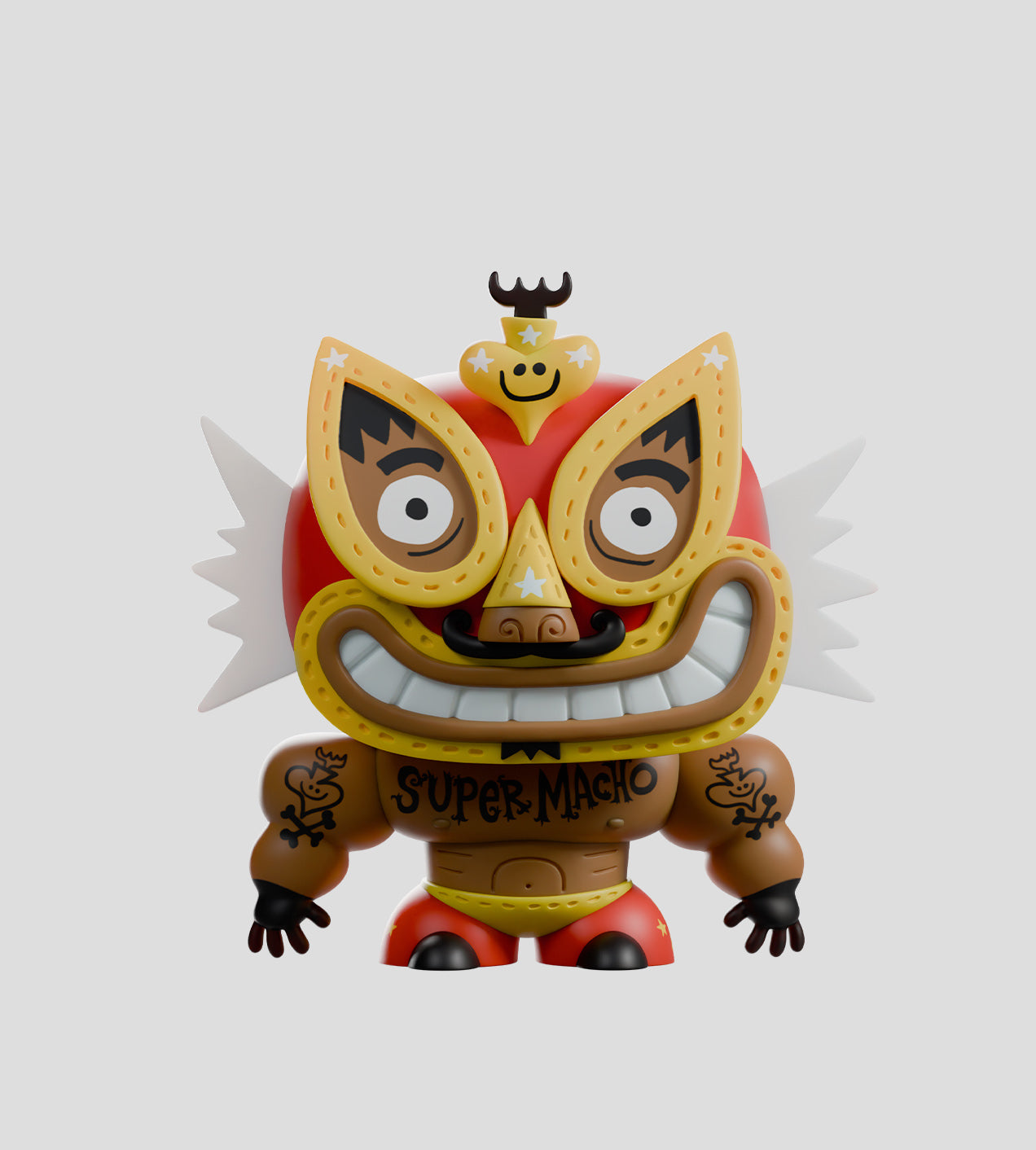 Super Machitos Blind Box figure: a masked luchador with a toothy grin, muscular arms, and tattoos, wearing red trunks. Designed by Jorge R. Gutierrez.