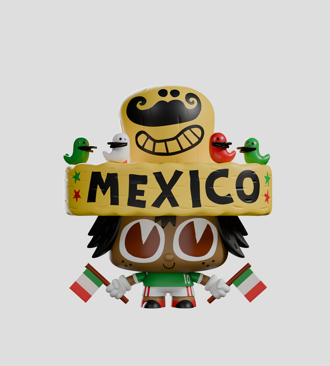 Super Machitos Blind Box features a 3D cartoon character in a Mexican-themed outfit with sombrero, mustache, jersey, and flags, celebrating Mexican culture.