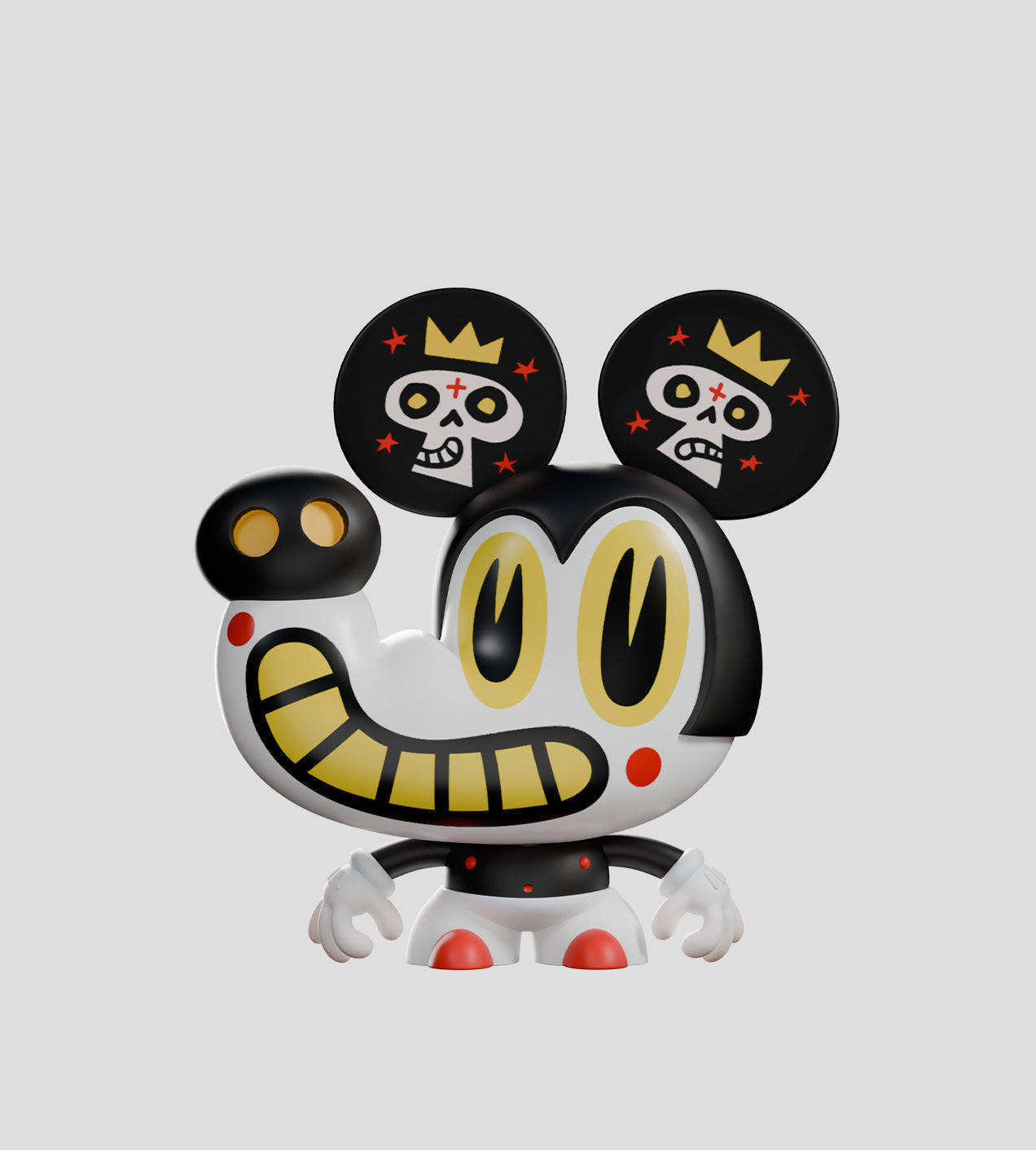 Super Machitos Blind Box toy: a cartoon mouse with skull-crowned ears, toothy grin, and vivid details, reflecting Jorge R. Gutierrez's Mexploitation style.