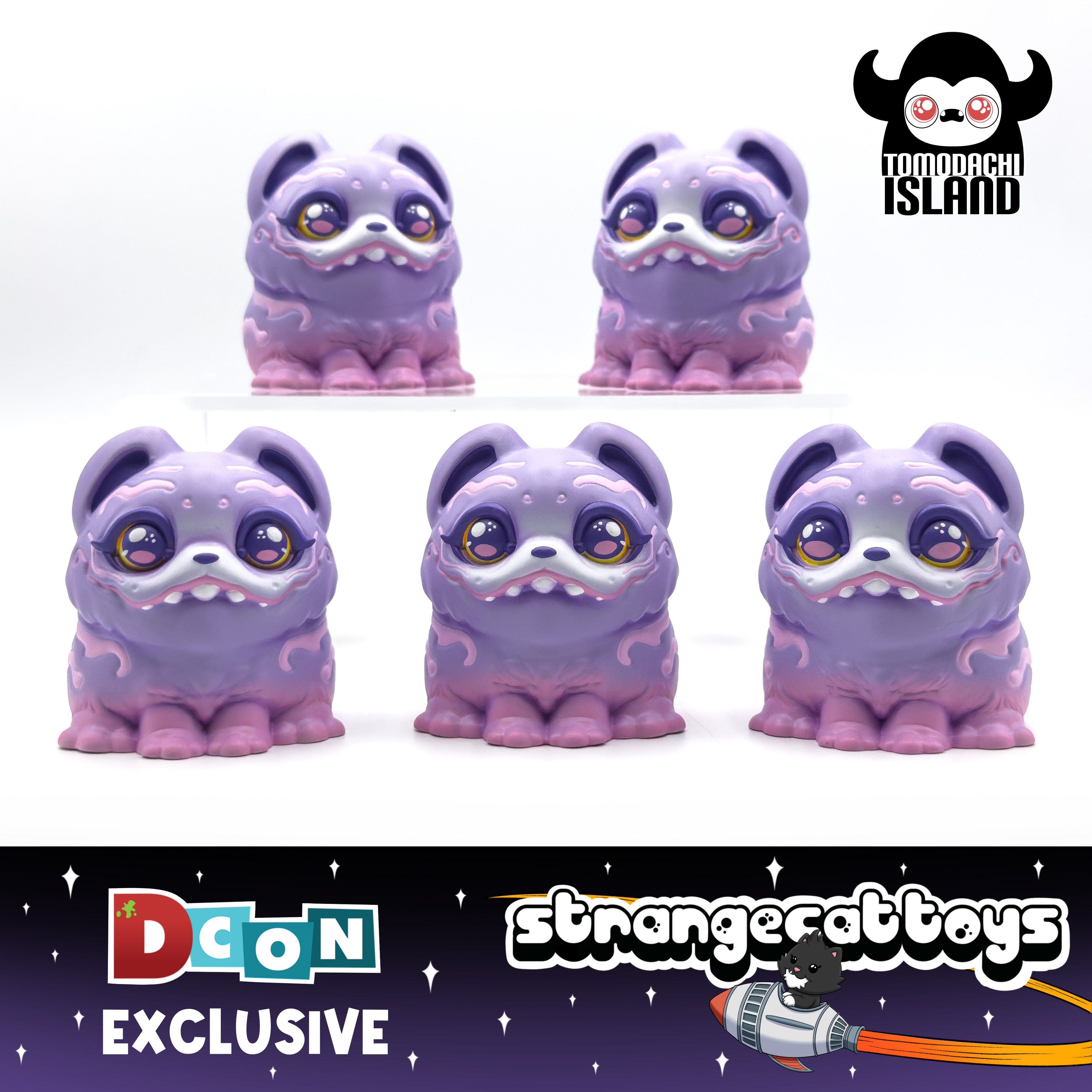 RuRu by Tomodachi Island: Five chubby kaiju figures with sparkly eyes and toothy grins, exclusive 4 resin toys, limited to 10 pieces for DCon.
