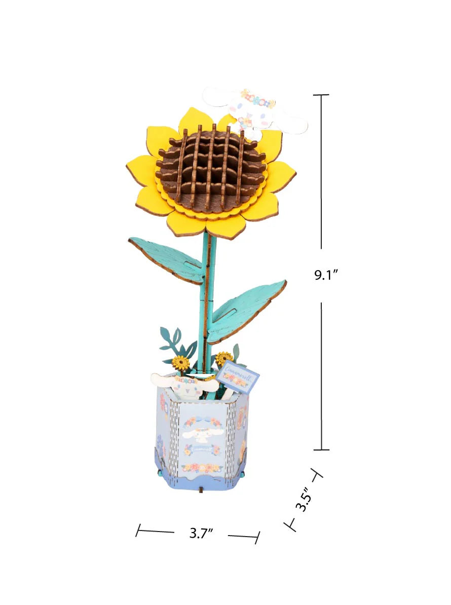 Hello Kitty® and Friends Cinnamoroll Sunflower 3D Wooden Puzzle Kit; a laser-cut, slot-together DIY sunflower model, featuring interlocking grids and pastel-patterned base.